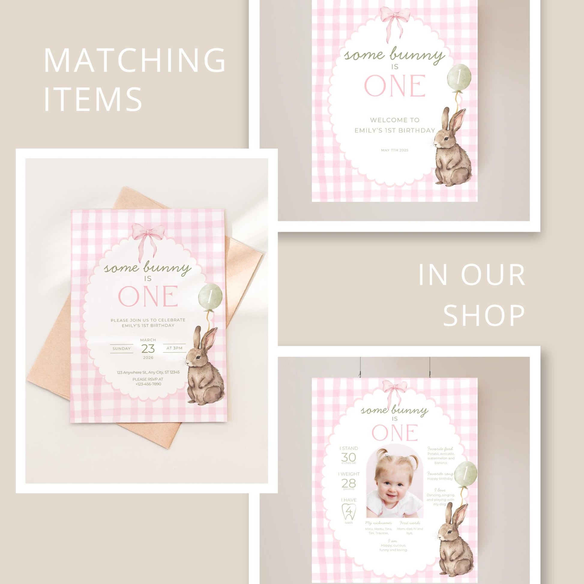 Some Bunny is One Highchair Banner Easter Bunny Birthday Rabbit Party Decor Floppy Bunny 1st Birthday Sign Cake Smash Pink Bow Pink Gingham