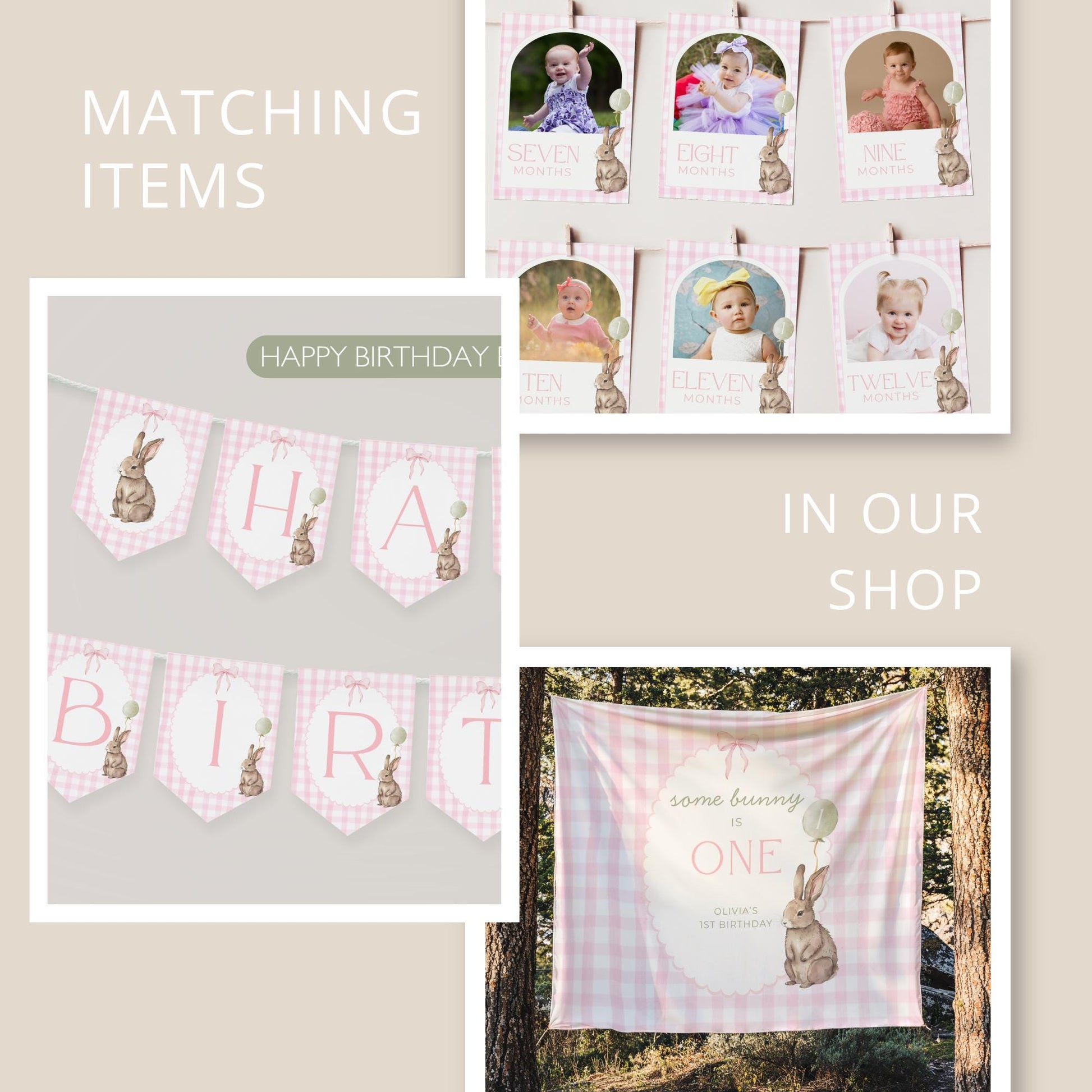 Some Bunny is One Highchair Banner Easter Bunny Birthday Rabbit Party Decor Floppy Bunny 1st Birthday Sign Cake Smash Pink Bow Pink Gingham