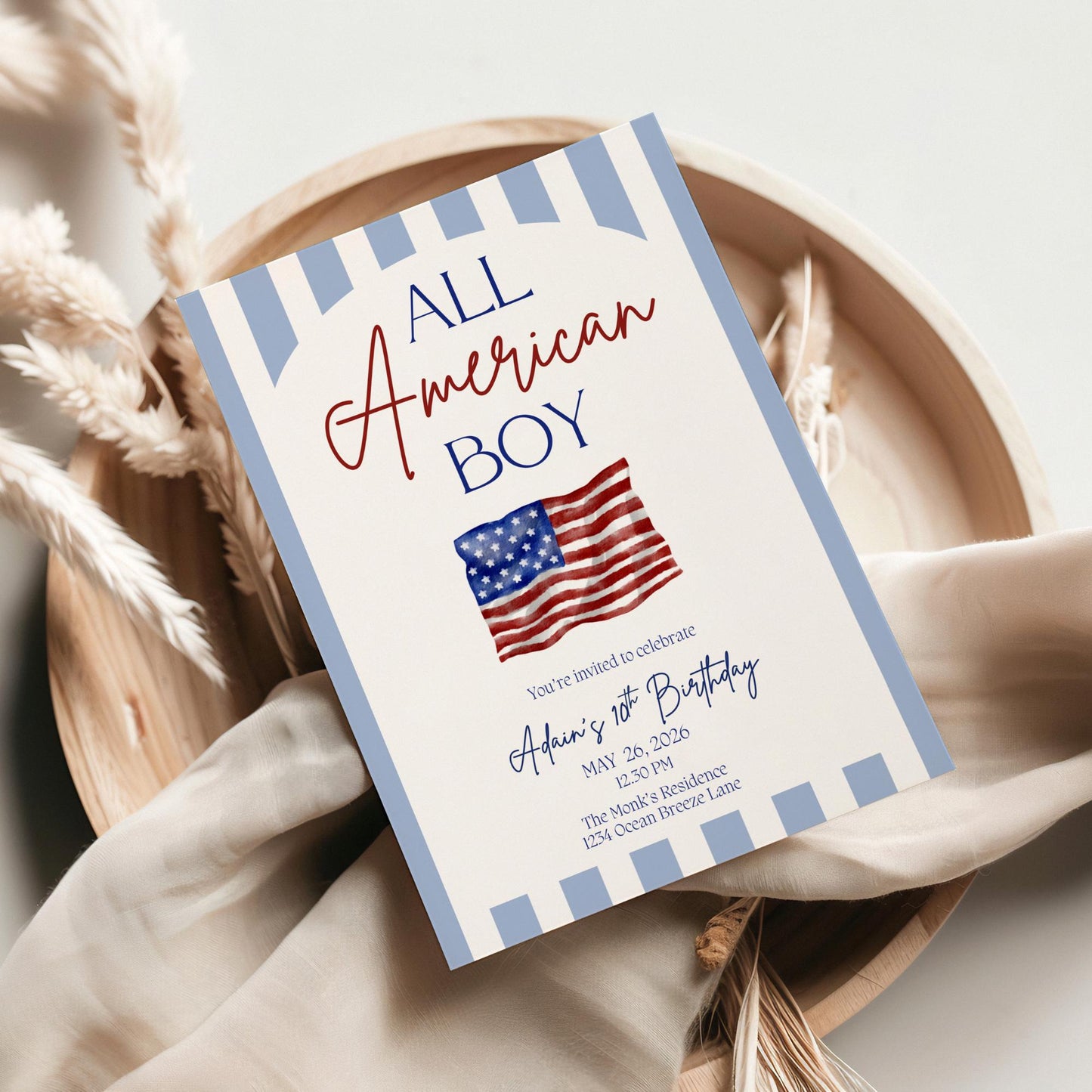 All American Boy Birthday Invitation Red White and Blue Party Decor Patriotic Themed Invite 4th of July Bday All American Girl