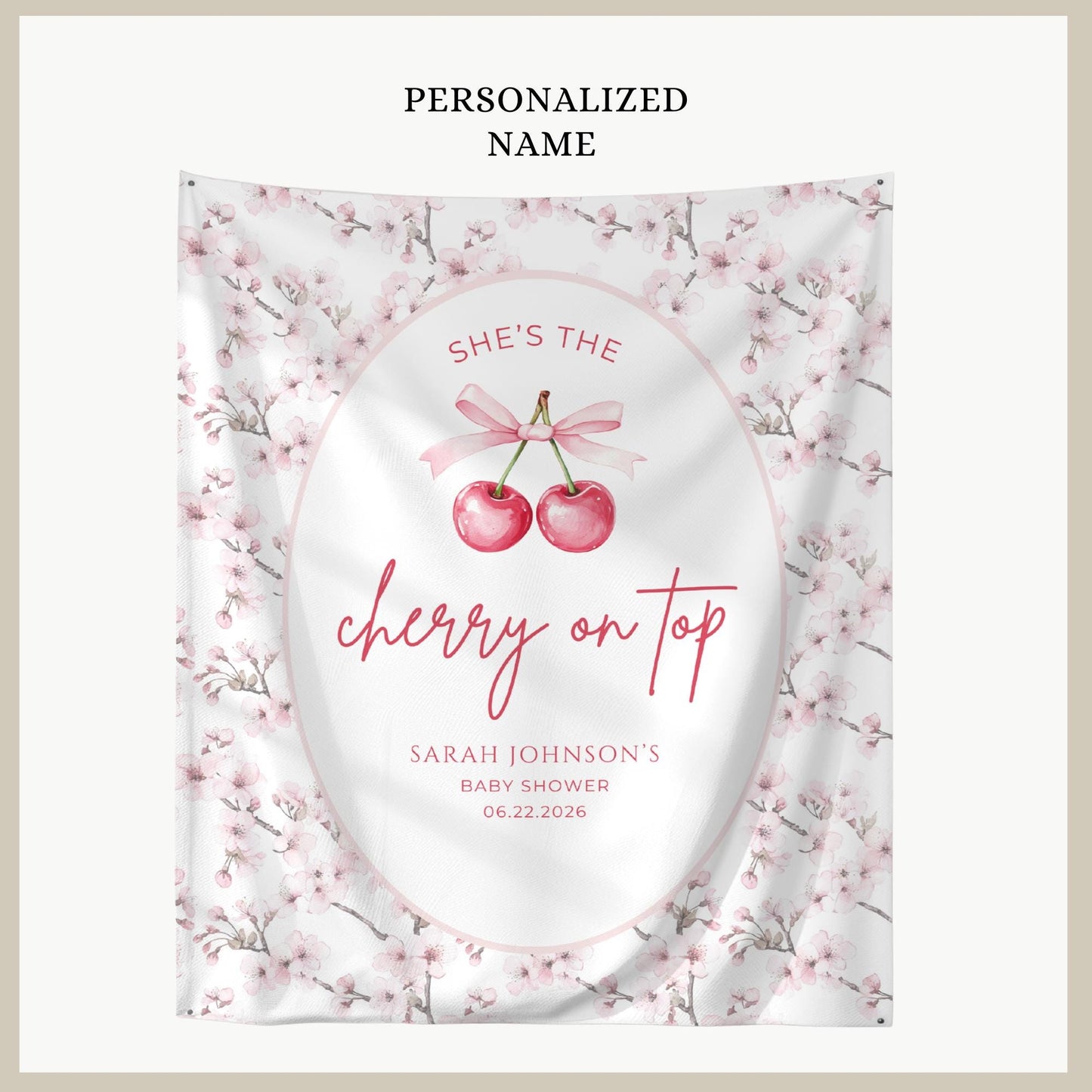 Cherry on top baby shower Banner Cherry Baby Shower Decoration Pink Bow Baby Girl Themed Baby Shower backdrop She's the cherry on top decor