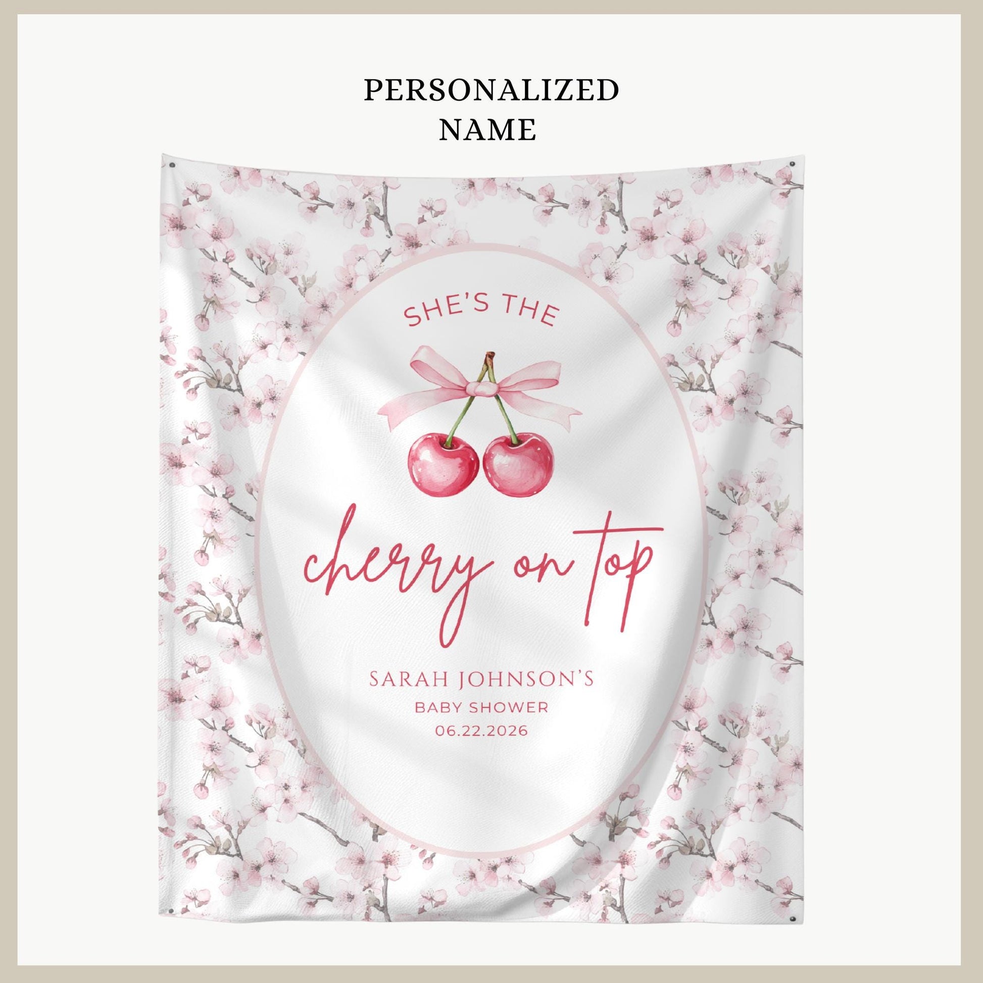 Cherry on top baby shower Banner Cherry Baby Shower Decoration Pink Bow Baby Girl Themed Baby Shower backdrop She's the cherry on top decor
