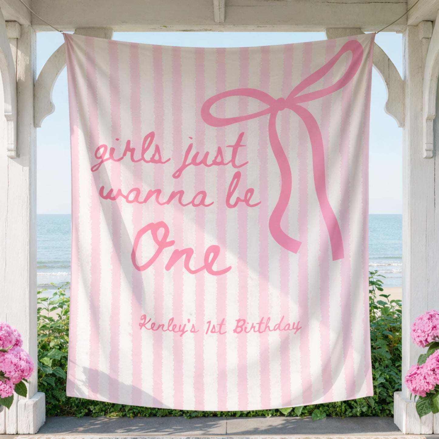 Girls Just Wanna Be One Birthday Decor Pink Bow 1st Birthday Personalized Backdrop Girly First Birthday Party Banner Coquette Birthday