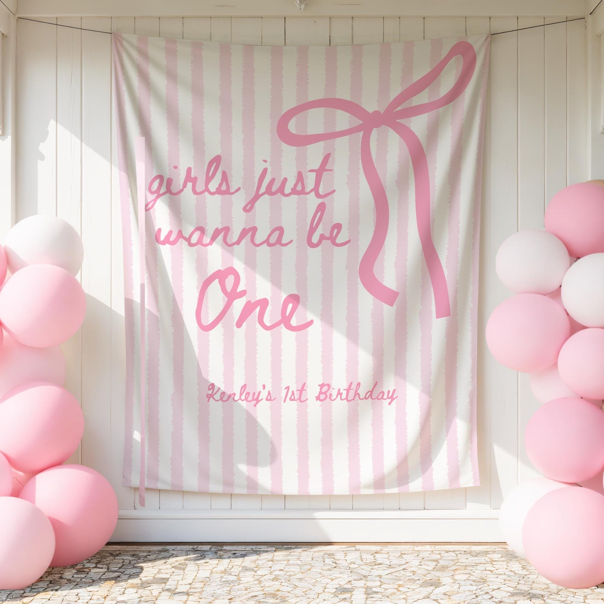 Girls Just Wanna Be One Birthday Decor Pink Bow 1st Birthday Personalized Backdrop Girly First Birthday Party Banner Coquette Birthday