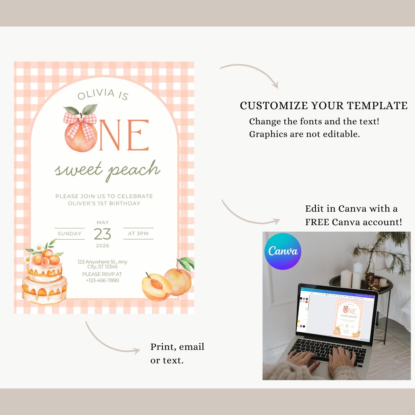 Editable Peach First Birthday Invitation Bundle, One Sweet Peach 1st Birthday Invite Peach Gold Floral Girl Summer Digital