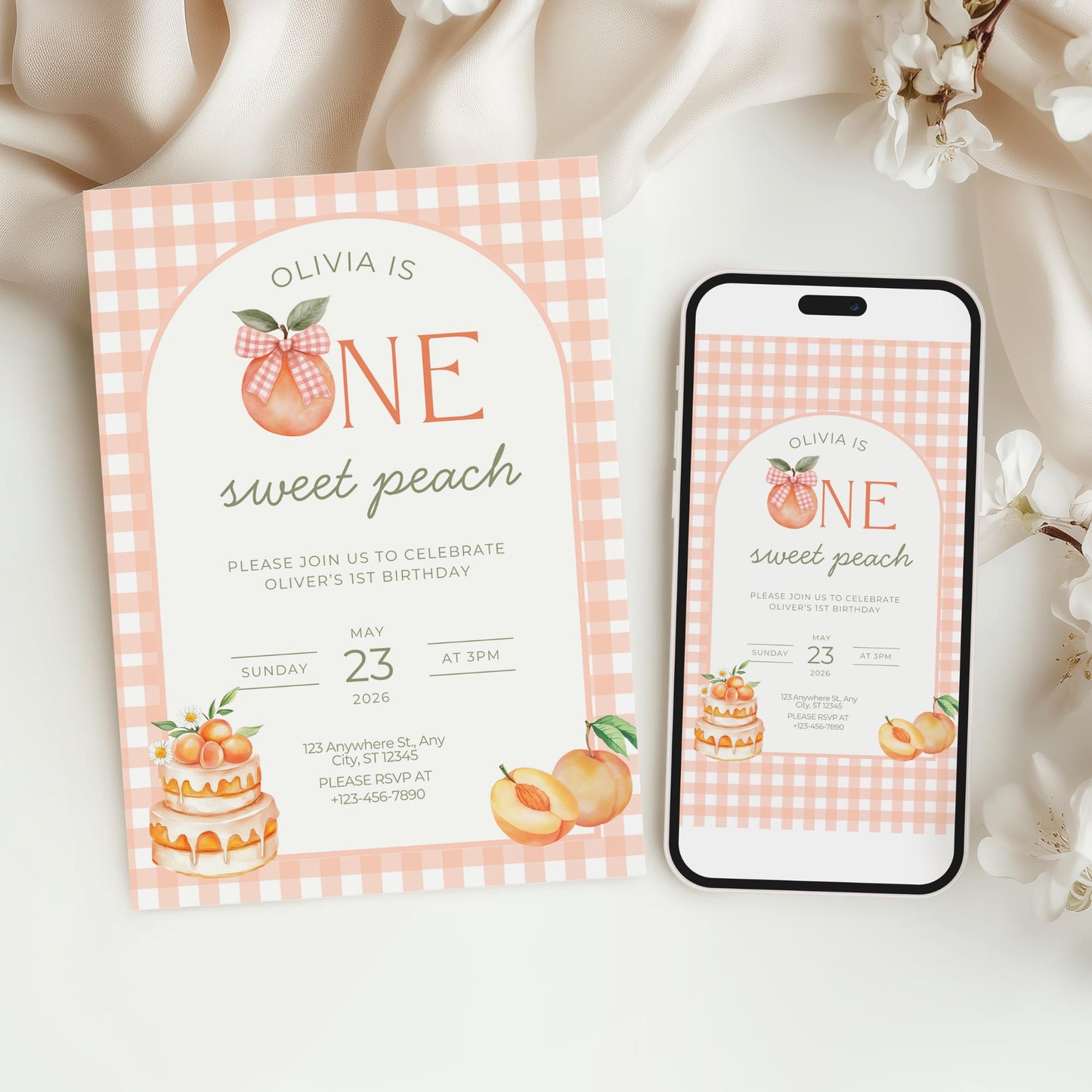 Editable Peach Birthday Invitation, One Sweet Peach Birthday Invitation, Peach First Birthday Invitation, Sweet Peach Birthday Invite, Canva