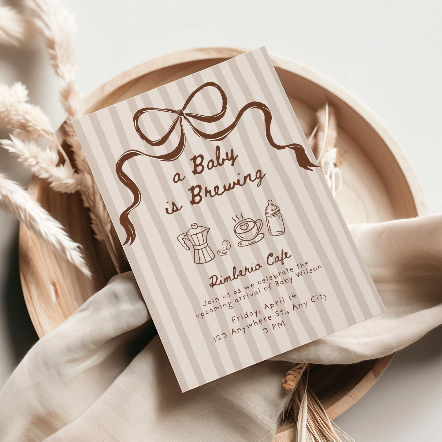 A Baby is Brewing Coffee Baby Shower Invite Editable Template Gender Neutral Digital Download Invitation Hand Drawn Whimsical Bow