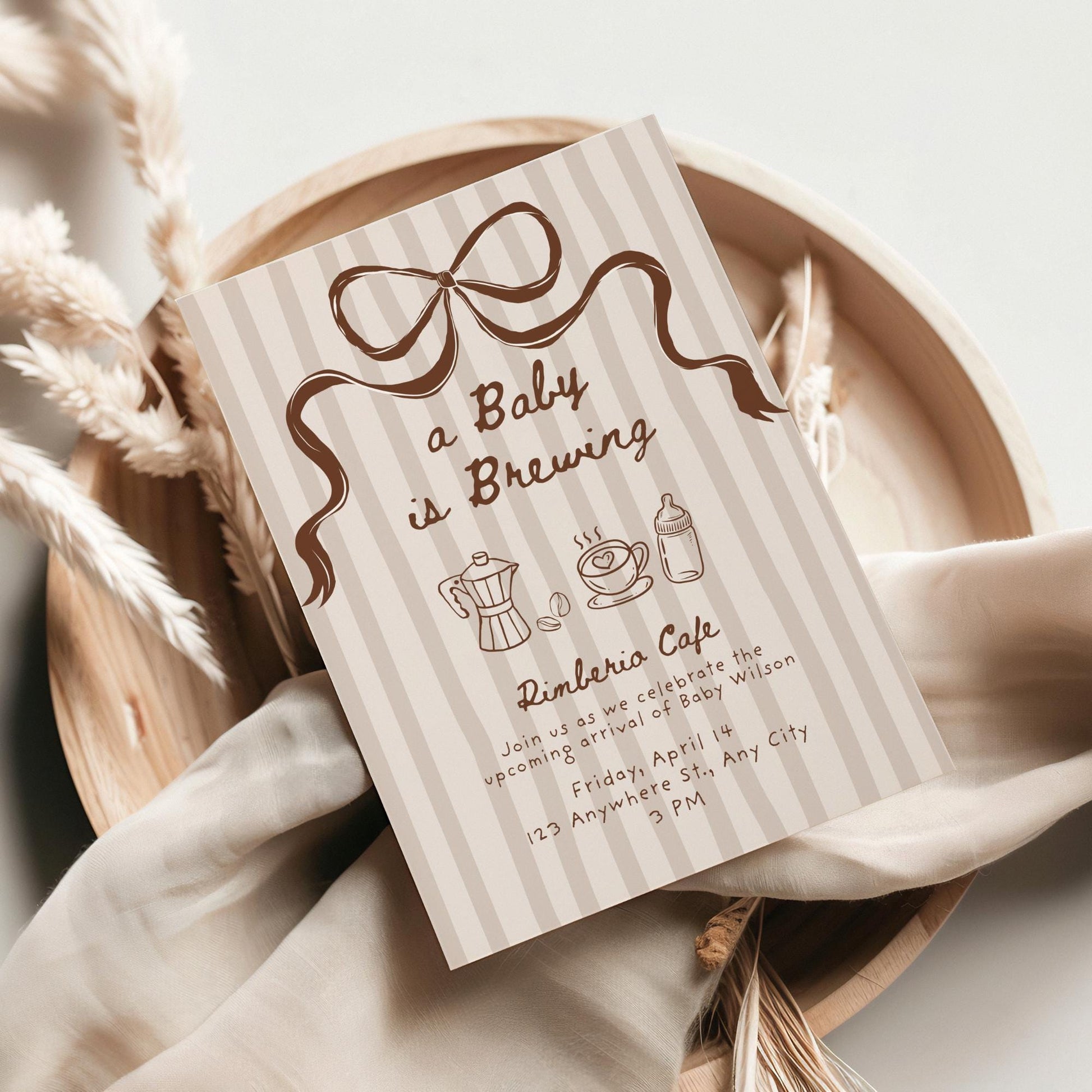 A Baby is Brewing Coffee Baby Shower Invite Editable Template Gender Neutral Digital Download Invitation Hand Drawn Whimsical Bow