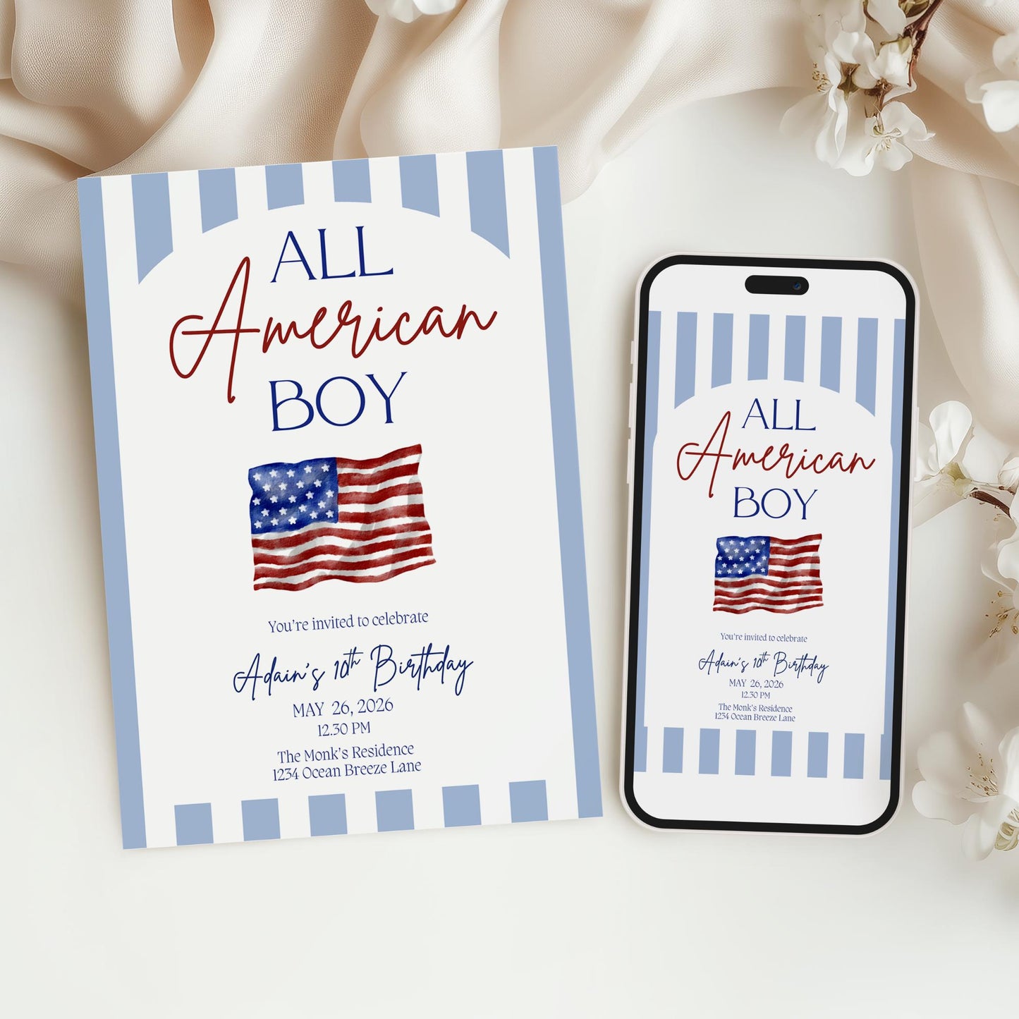 All American Boy Birthday Invitation Red White and Blue Party Decor Patriotic Themed Invite 4th of July Bday All American Girl
