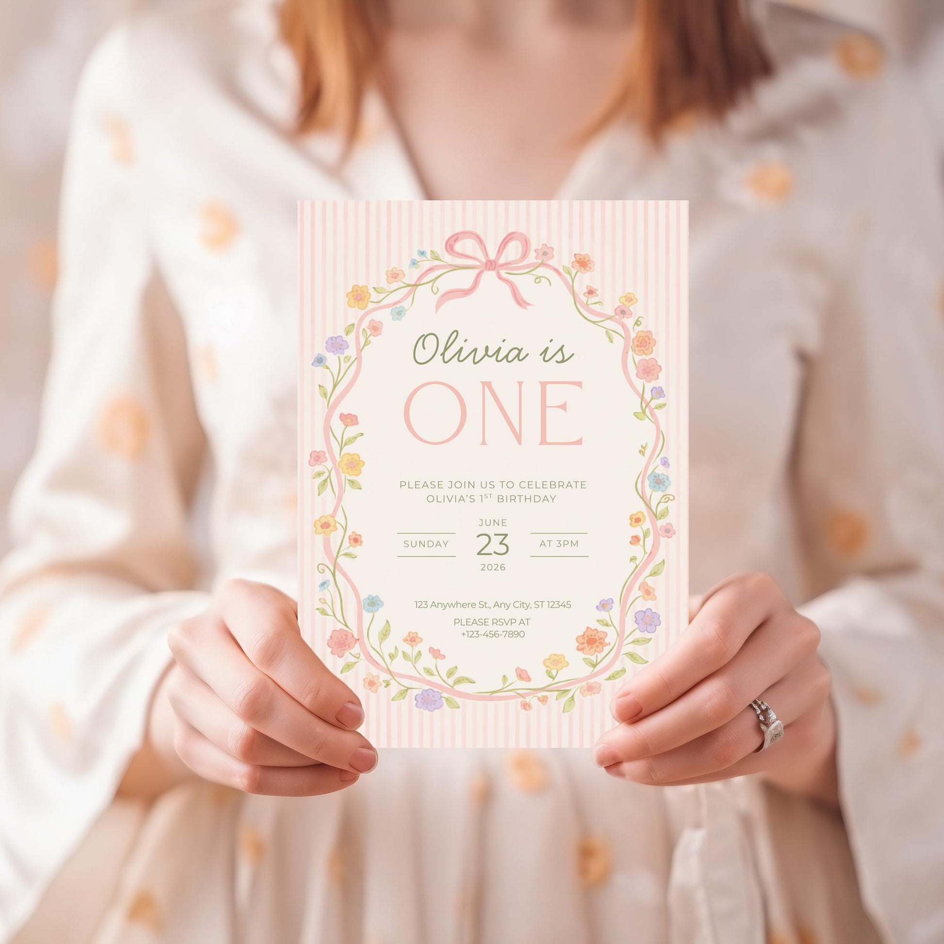 Pink Bow Floral Birthday Invite Girl First Birthday Garden 1st Birthday Decor Editable Invitation Hand drawn Coquette Party Evite