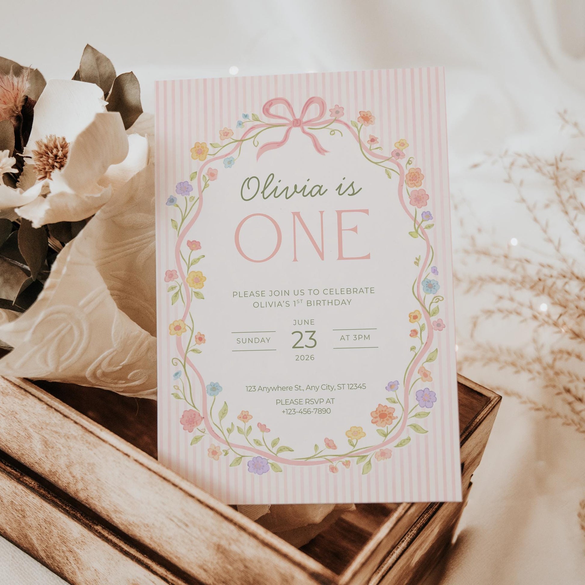 Pink Bow Floral Birthday Invite Girl First Birthday Garden 1st Birthday Decor Editable Invitation Hand drawn Coquette Party Evite