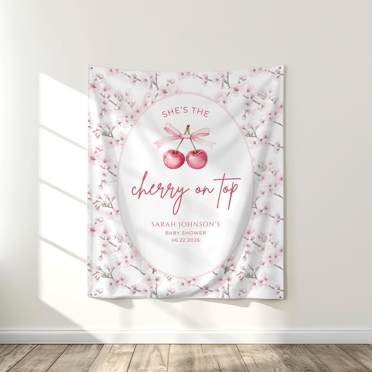 Cherry on top baby shower Banner Cherry Baby Shower Decoration Pink Bow Baby Girl Themed Baby Shower backdrop She's the cherry on top decor