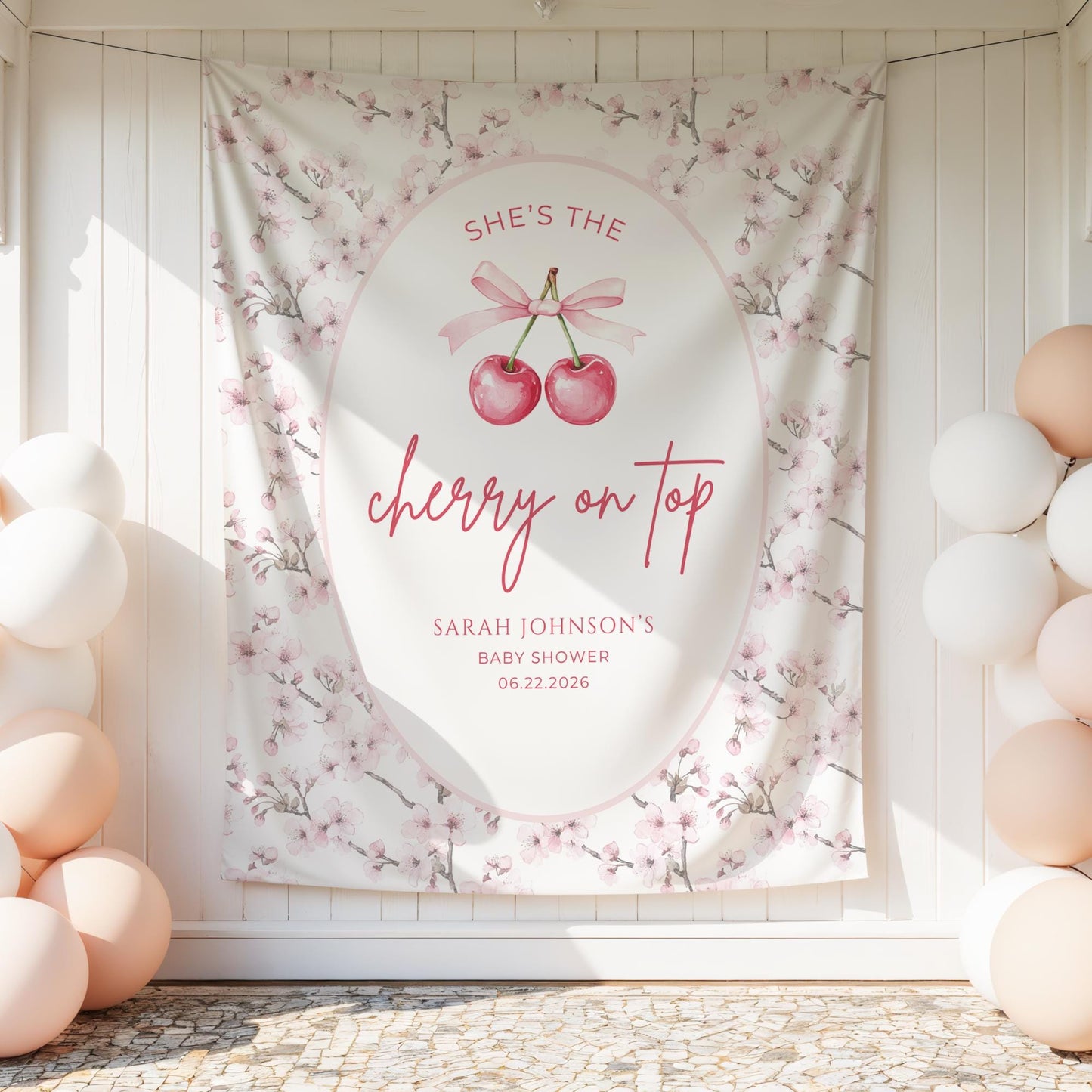 Cherry on top baby shower Banner Cherry Baby Shower Decoration Pink Bow Baby Girl Themed Baby Shower backdrop She's the cherry on top decor