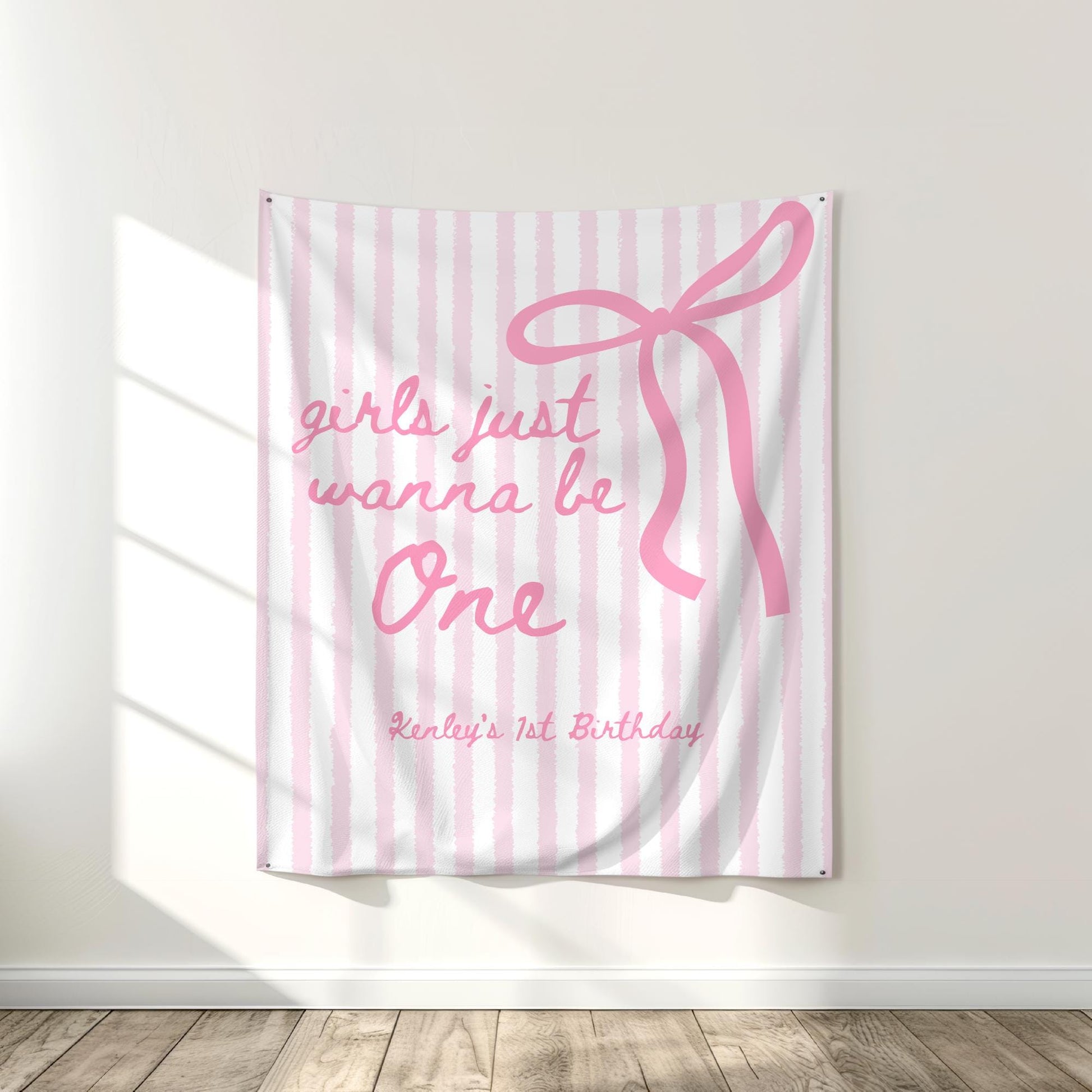 Girls Just Wanna Be One Birthday Decor Pink Bow 1st Birthday Personalized Backdrop Girly First Birthday Party Banner Coquette Birthday