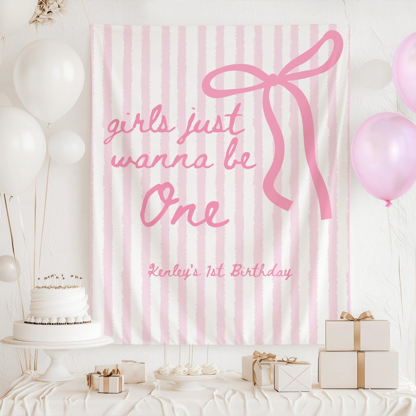 Girls Just Wanna Be One Birthday Decor Pink Bow 1st Birthday Personalized Backdrop Girly First Birthday Party Banner Coquette Birthday
