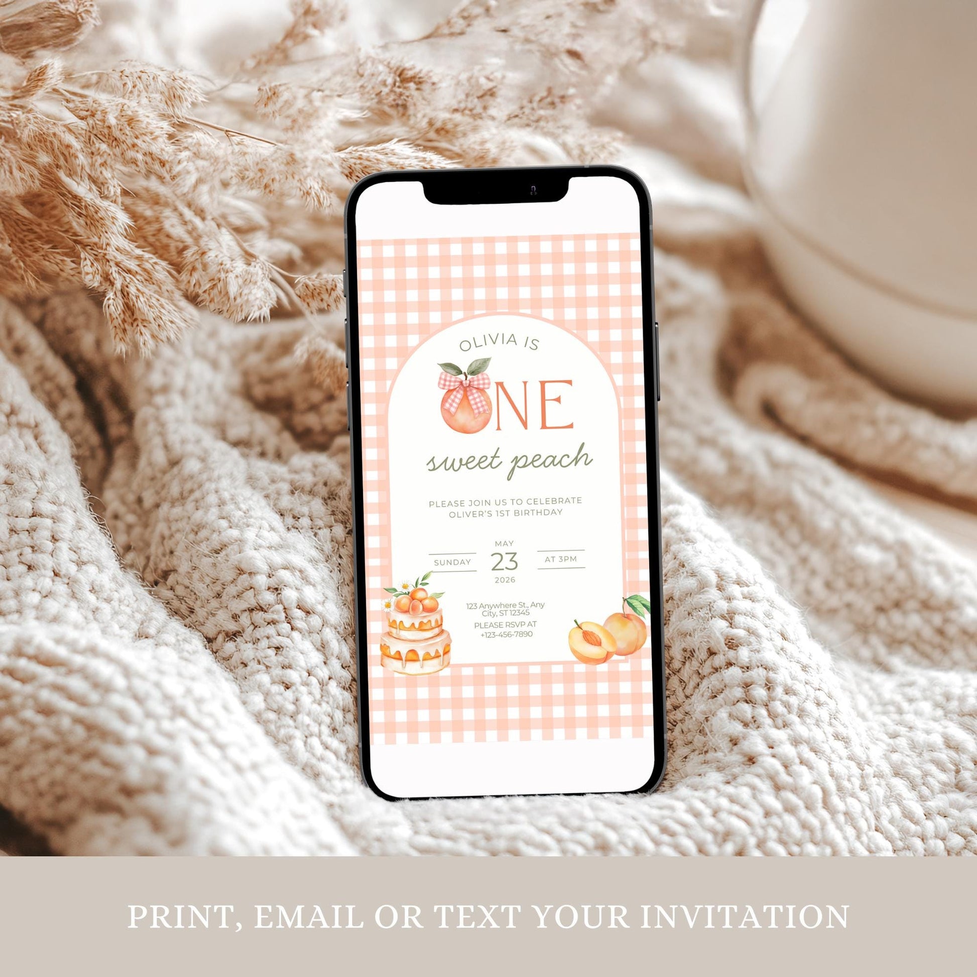 One Sweet Peach Birthday Electronic Invitation, Girl 1st Birthday Phone Evite, Canva Template