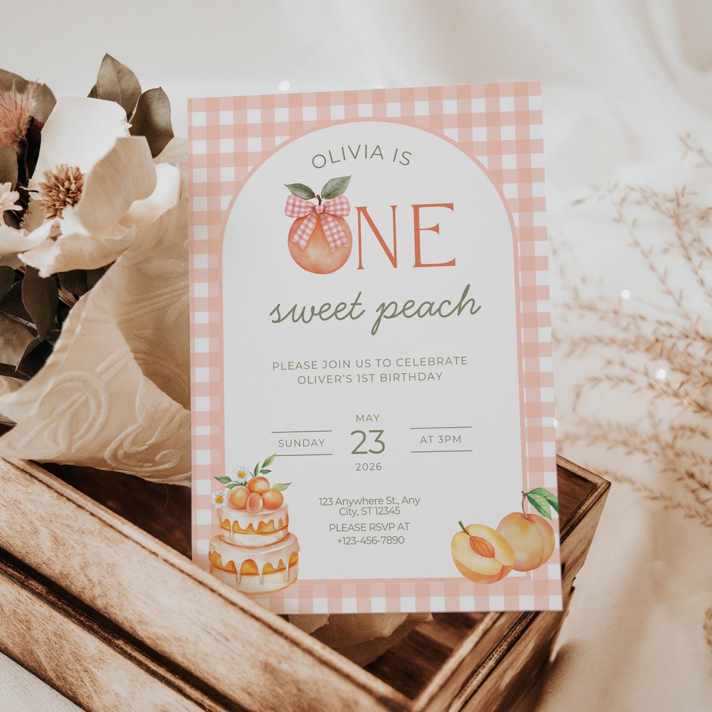 Peach First Birthday Invitation,EDITABLE Girl Peach Birthday Invitation,One Sweet Peach 1st Birthday Party Invite,Printable,Groovy Boho