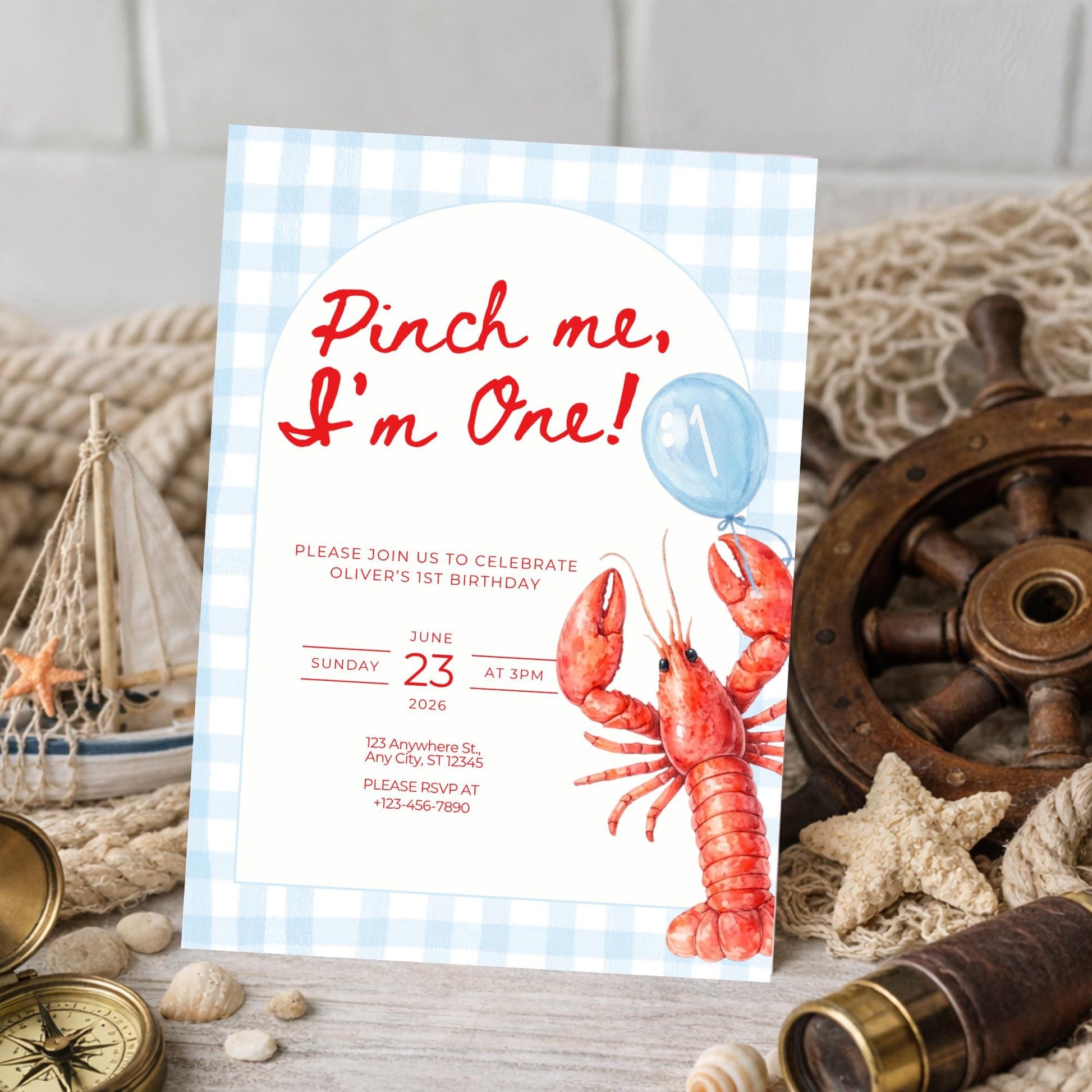 Pinch Me I'm One Boy Birthday Invitation Lobster Broil 1st Birthday Nautical Low Country Crawfish Boil Summer First Bday Blue Gingham