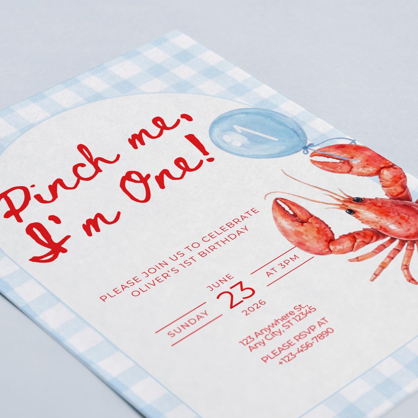Pinch Me I'm One Boy Birthday Invitation Lobster Broil 1st Birthday Nautical Low Country Crawfish Boil Summer First Bday Blue Gingham