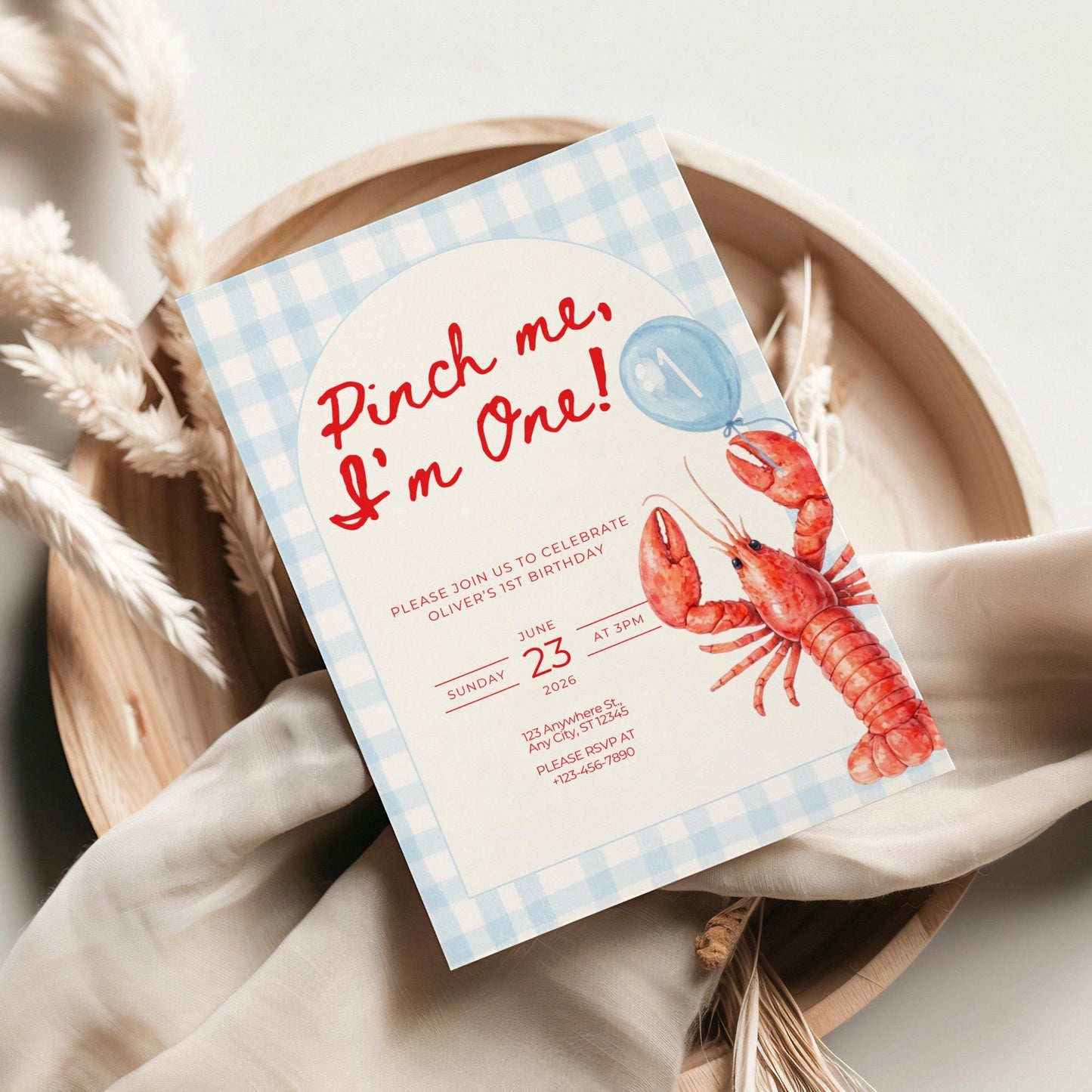 Pinch Me I'm One Boy Birthday Invitation Lobster Broil 1st Birthday Nautical Low Country Crawfish Boil Summer First Bday Blue Gingham