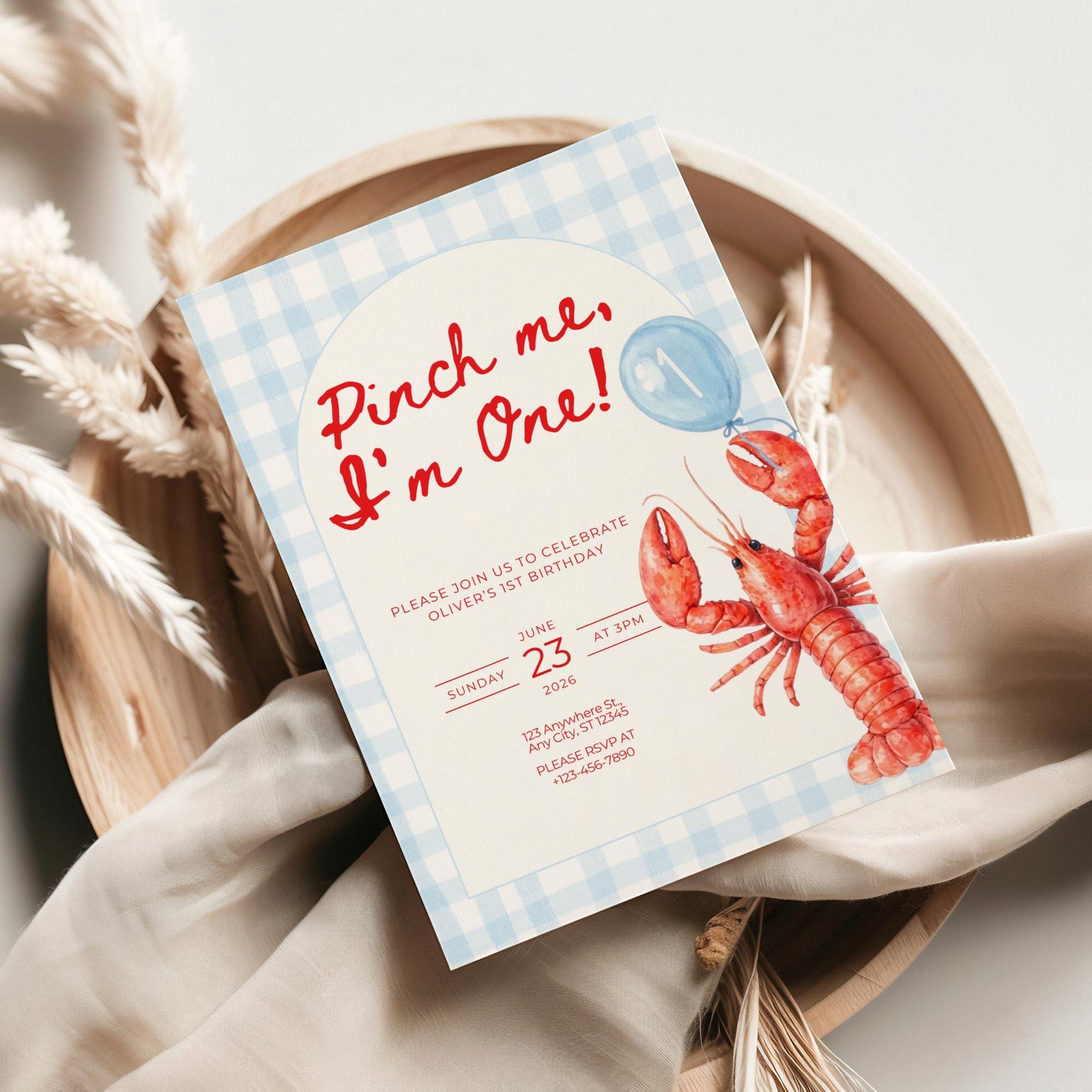 Pinch Me I'm One Boy Birthday Invitation Lobster Broil 1st Birthday Nautical Low Country Crawfish Boil Summer First Bday Blue Gingham
