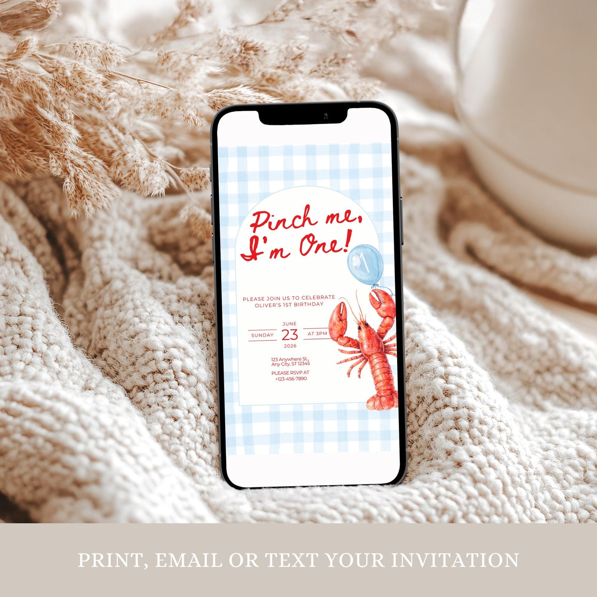 Pinch Me I'm One Boy Birthday Invitation Lobster Broil 1st Birthday Nautical Low Country Crawfish Boil Summer First Bday Blue Gingham