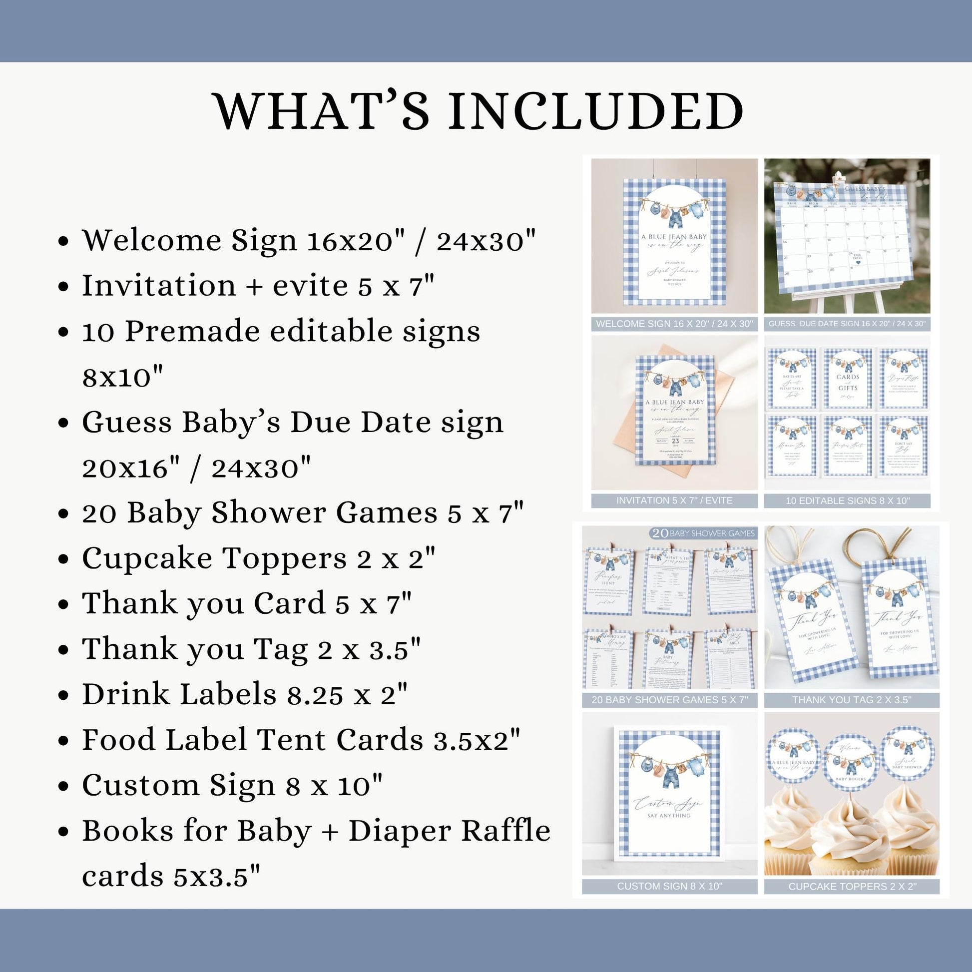 Blue Jean Baby Shower Bundle Denim Baby Shower Invite Cowboy themed Baby Sprinkle Western Baby Shower Decor Baby Blue Jean Baby on the Way