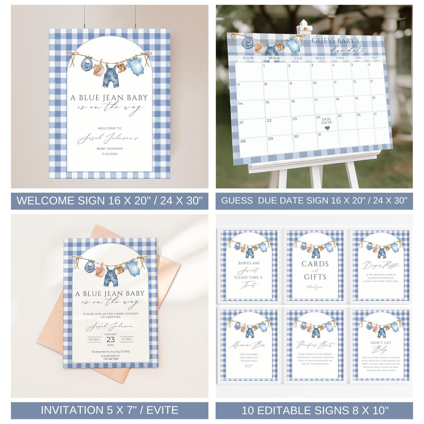 Blue jean baby shower welcome sign, guess baby's due date game poster baby shower invitation denim baby shower sign bundle