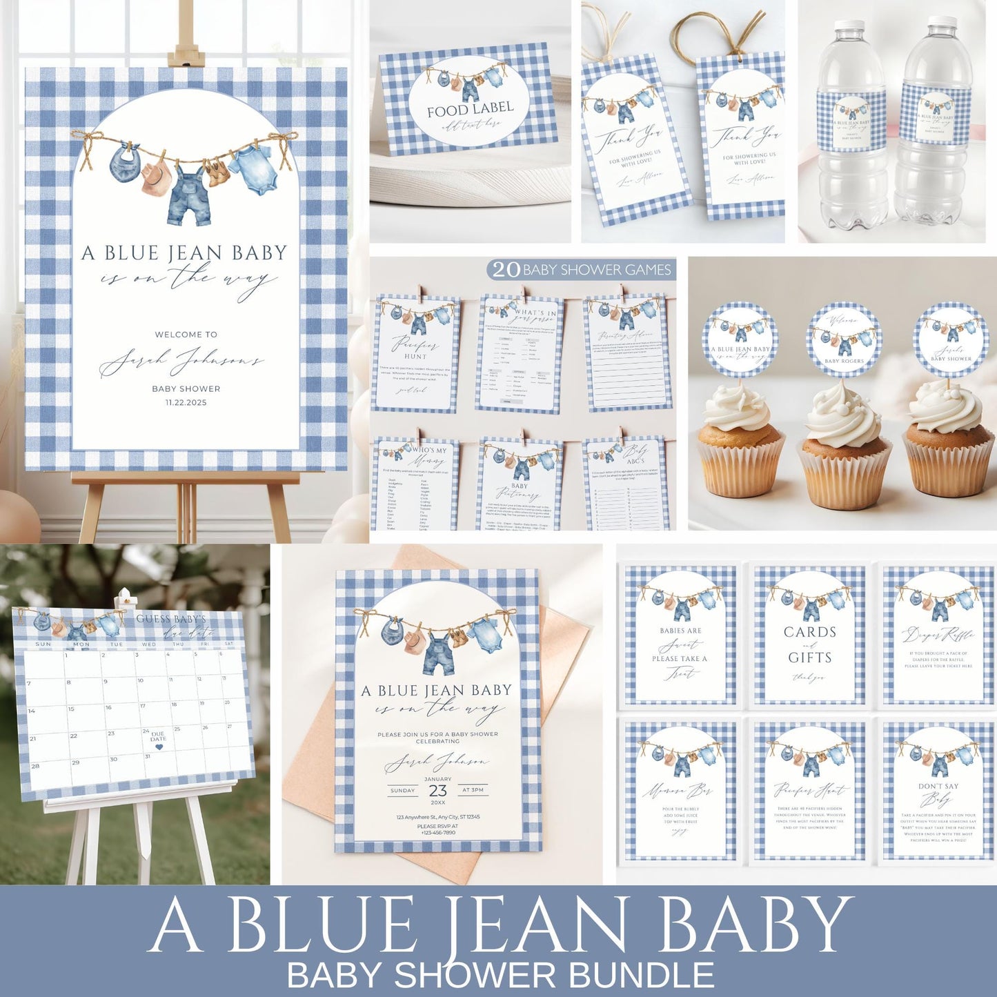 Blue Jean Baby Shower Bundle Denim Baby Shower Invite Cowboy themed Baby Sprinkle Western Baby Shower Decor Baby Blue Jean Baby on the Way