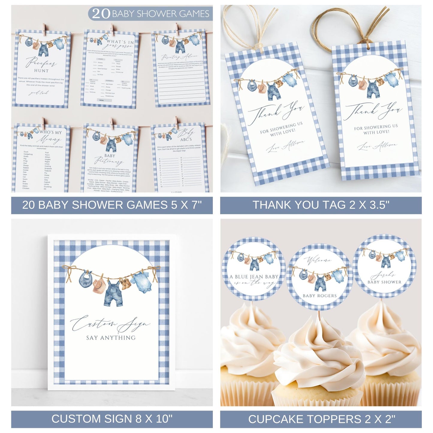 blue jean baby shower games bundle cowboy baby shower thank you tags denim baby shower custom sign boy baby shower cupcake toppers
