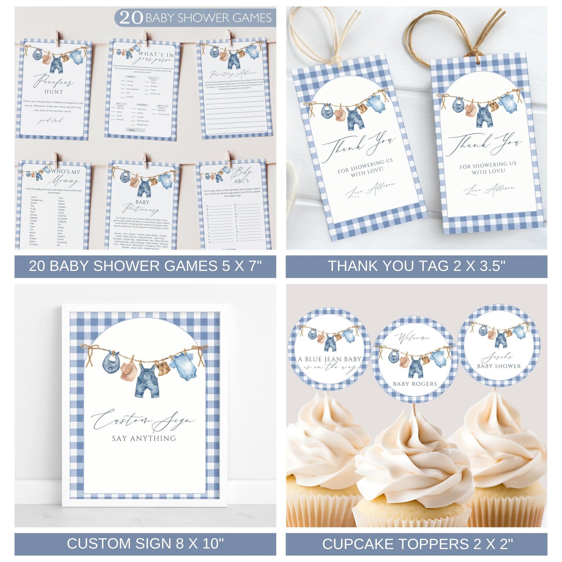 blue jean baby shower games bundle cowboy baby shower thank you tags denim baby shower custom sign boy baby shower cupcake toppers