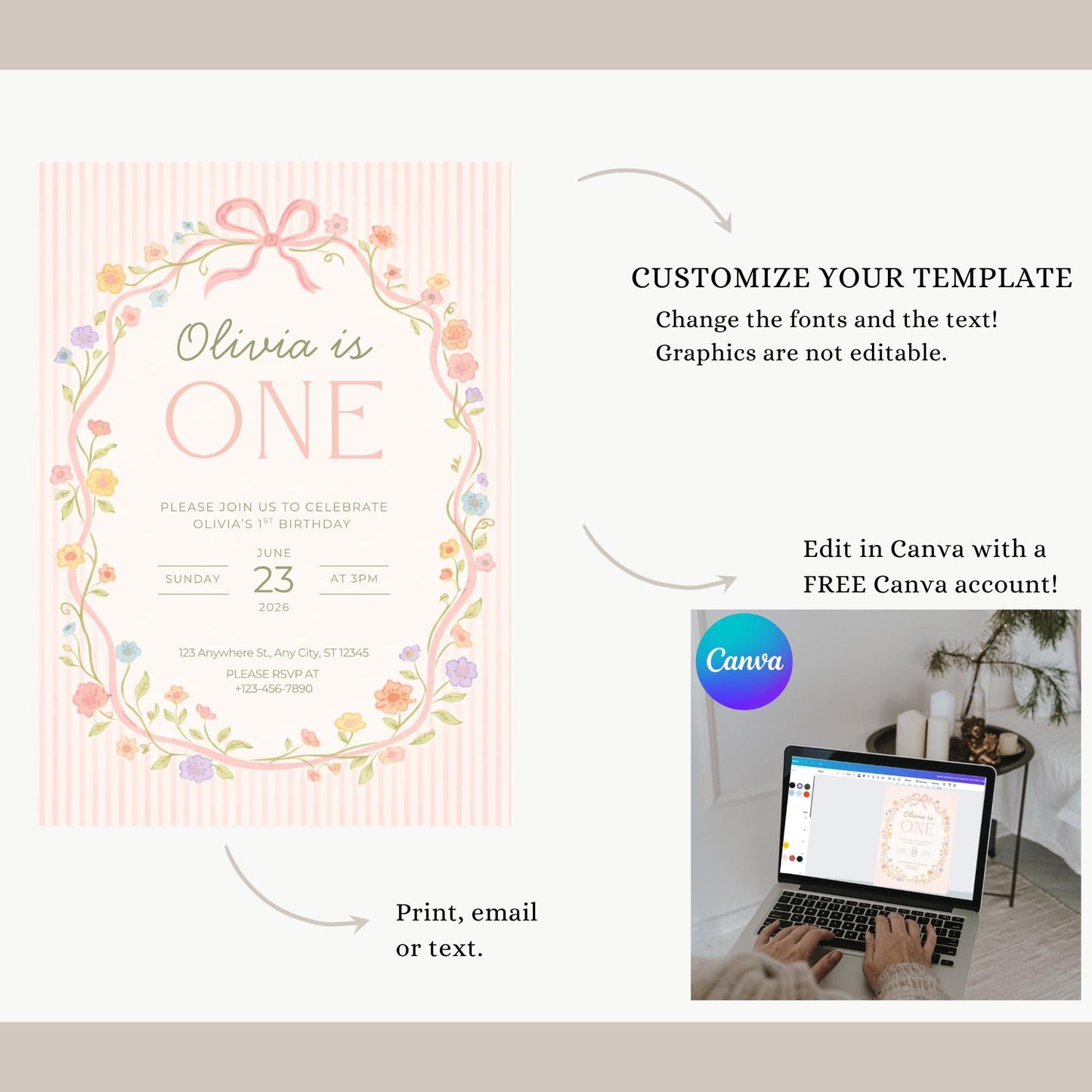 Pink Bow Floral Birthday Invite Girl First Birthday Garden 1st Birthday Decor Editable Invitation Hand drawn Coquette Party Evite