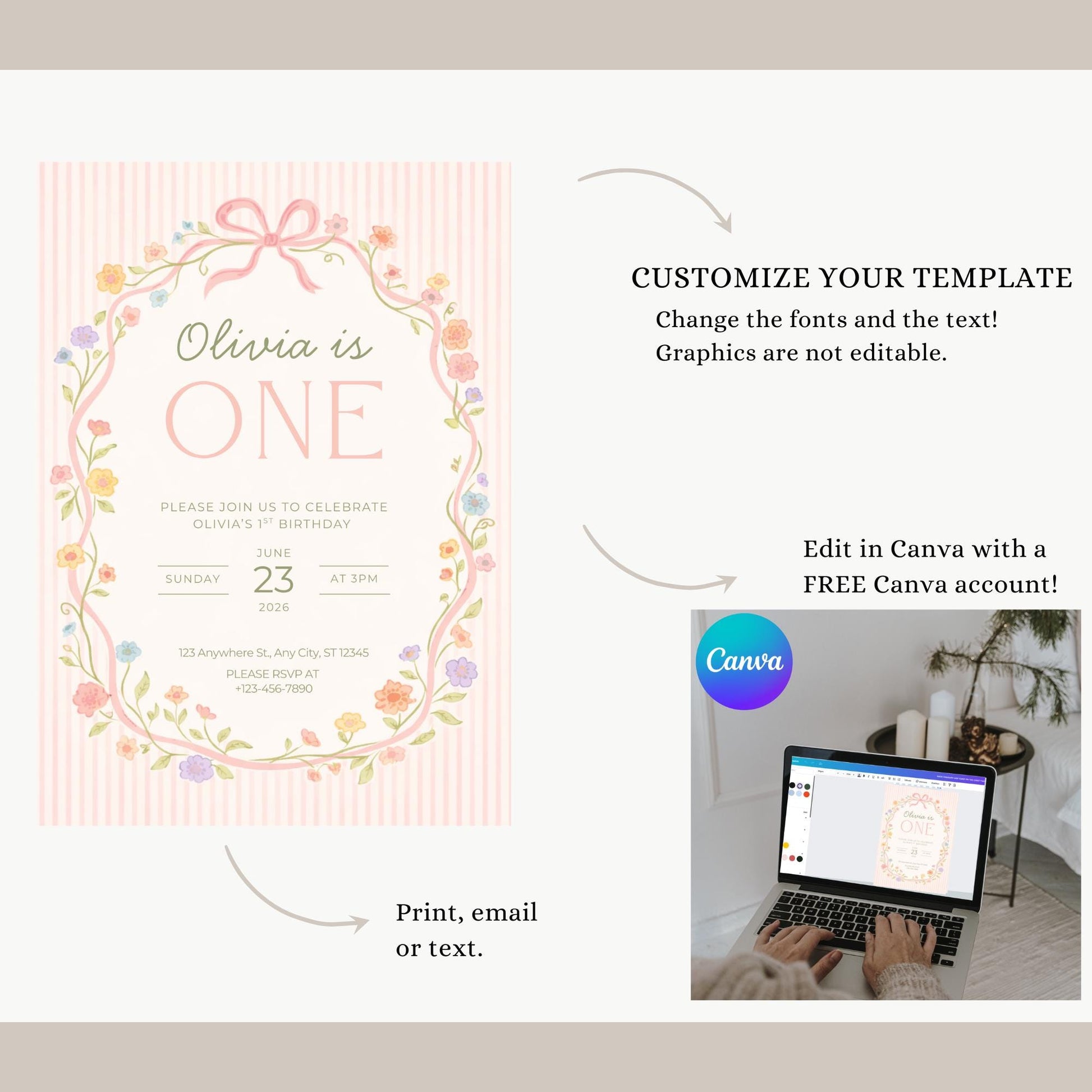 Pink Bow Floral Birthday Invite Girl First Birthday Garden 1st Birthday Decor Editable Invitation Hand drawn Coquette Party Evite