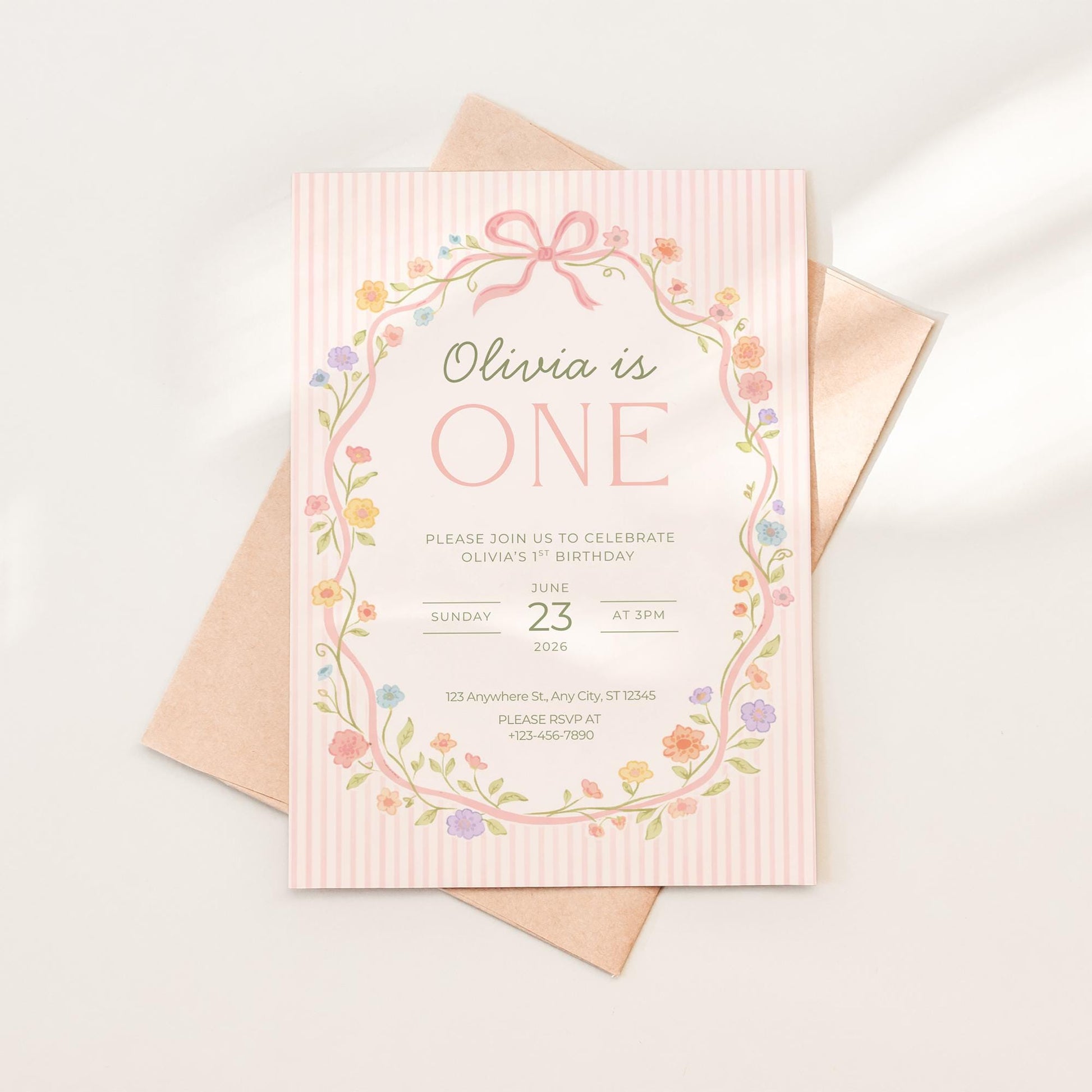 Pink Bow Floral Birthday Invite Girl First Birthday Garden 1st Birthday Decor Editable Invitation Hand drawn Coquette Party Evite