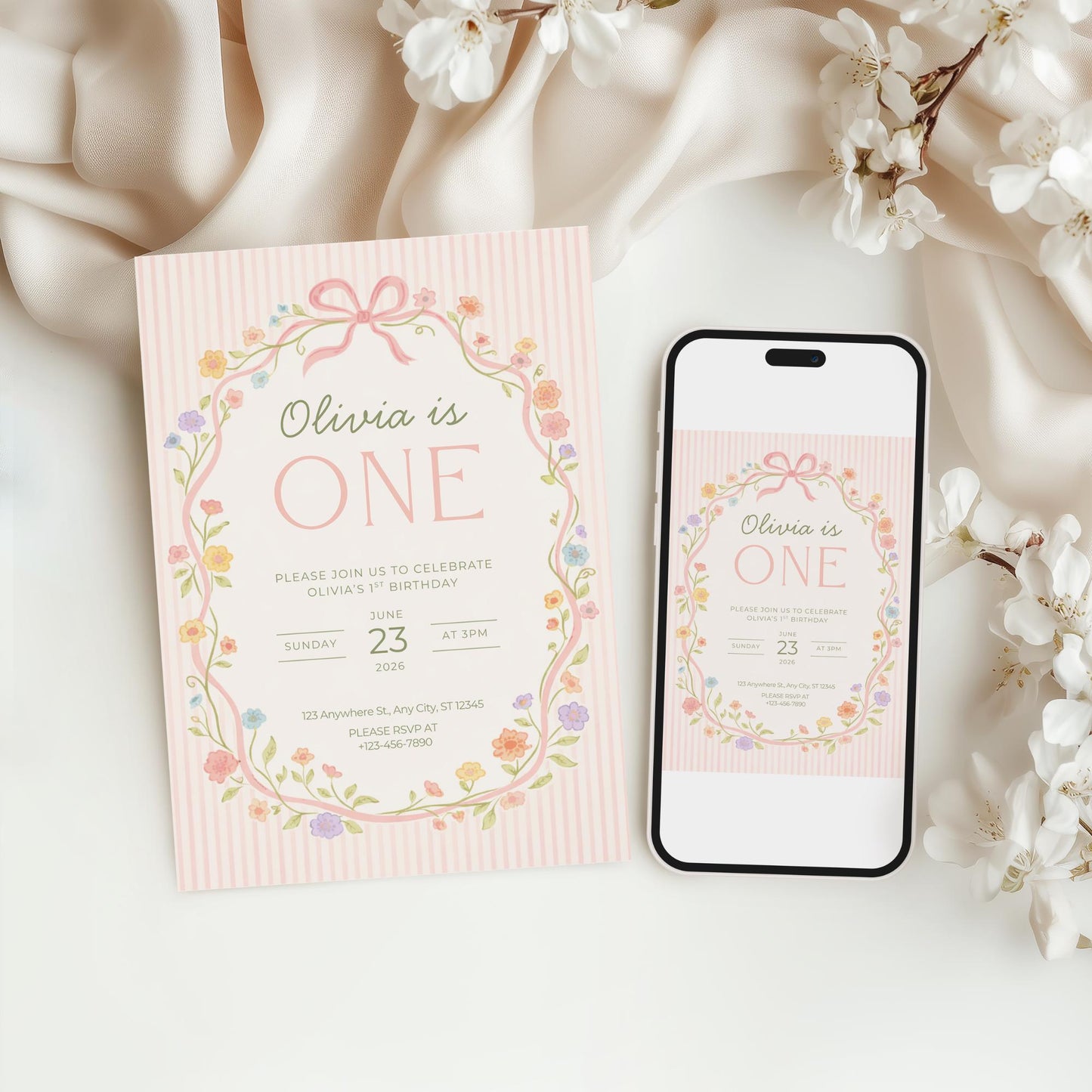 Pink Bow Floral Birthday Invite Girl First Birthday Garden 1st Birthday Decor Editable Invitation Hand drawn Coquette Party Evite