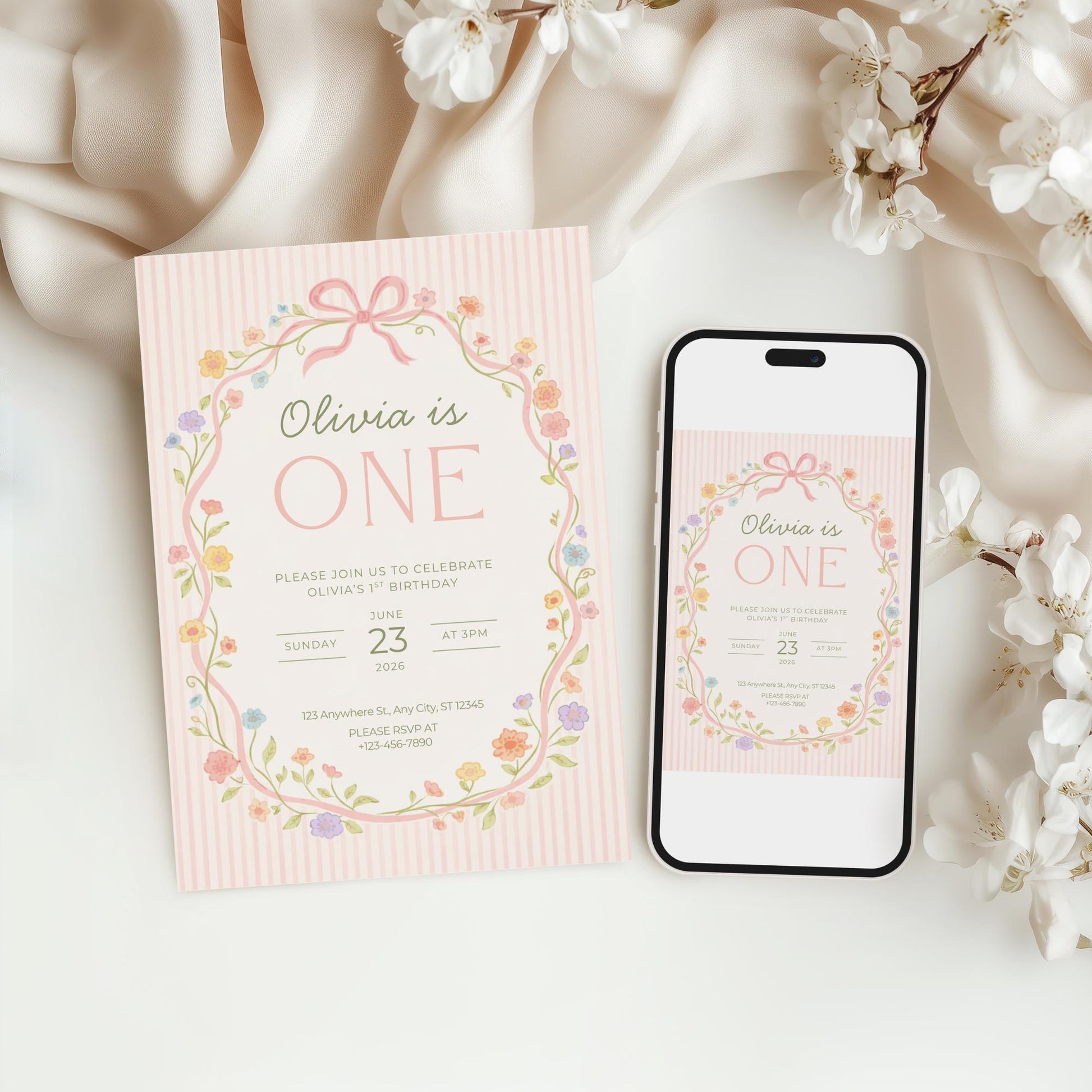 Pink Bow Floral Birthday Invite Girl First Birthday Garden 1st Birthday Decor Editable Invitation Hand drawn Coquette Party Evite