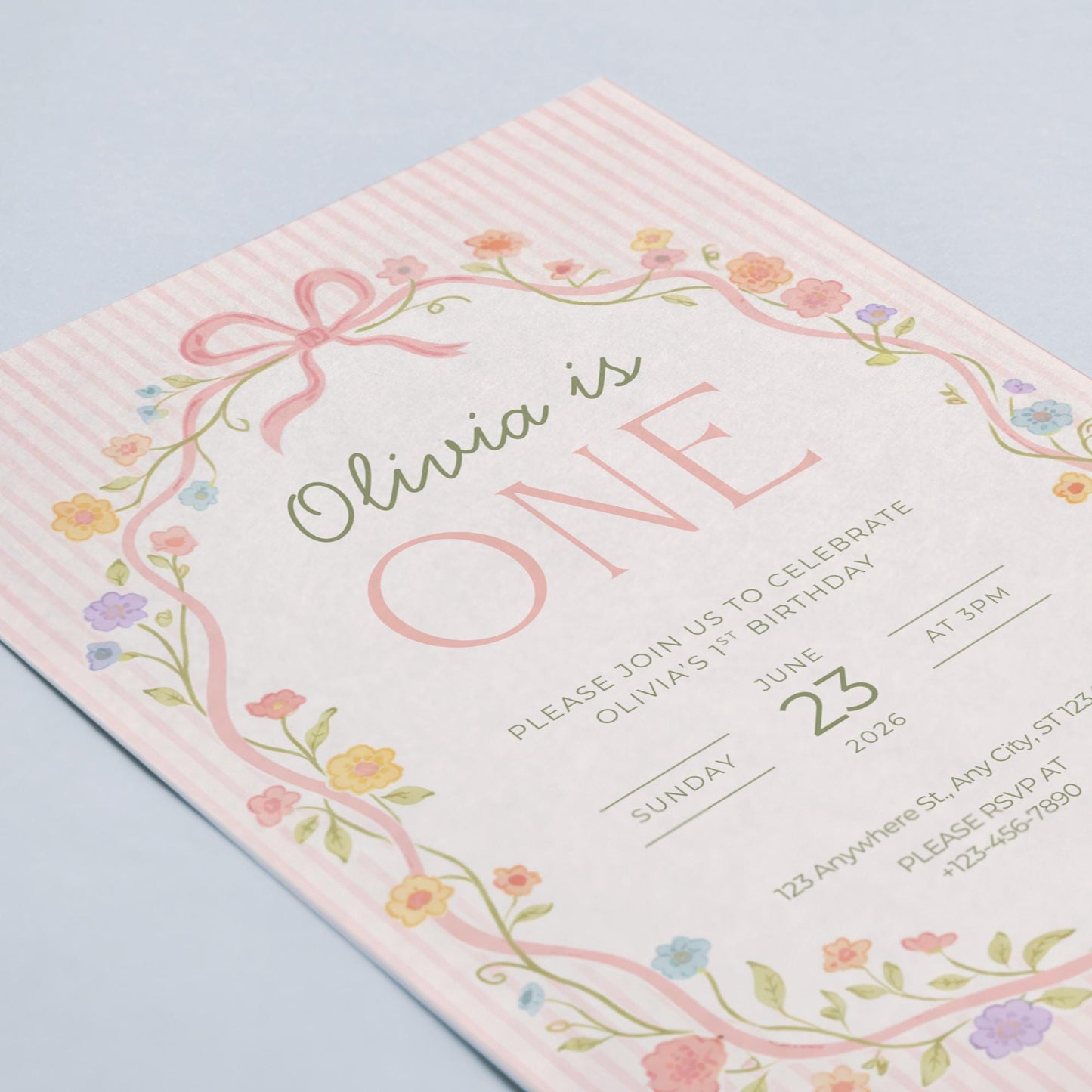 Pink Bow Floral Birthday Invite Girl First Birthday Garden 1st Birthday Decor Editable Invitation Hand drawn Coquette Party Evite