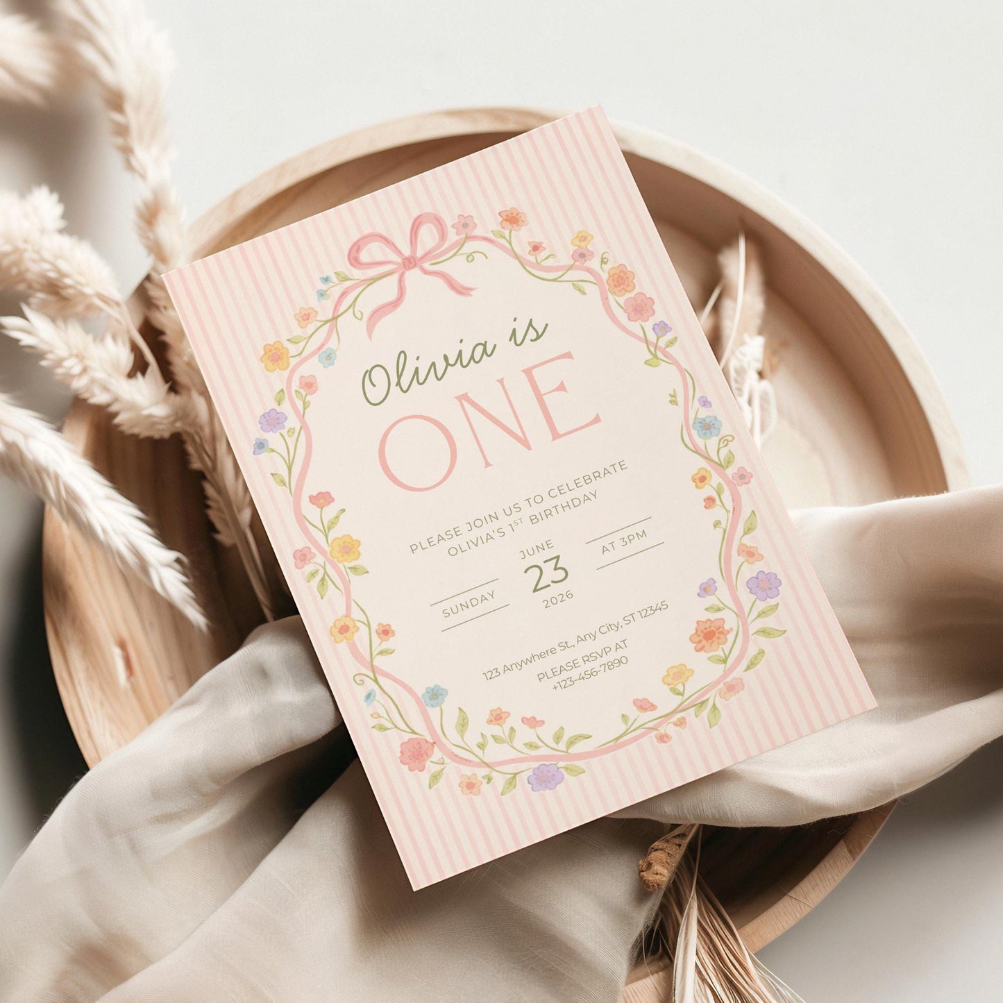 Pink Bow Floral Birthday Invite Girl First Birthday Garden 1st Birthday Decor Editable Invitation Hand drawn Coquette Party Evite