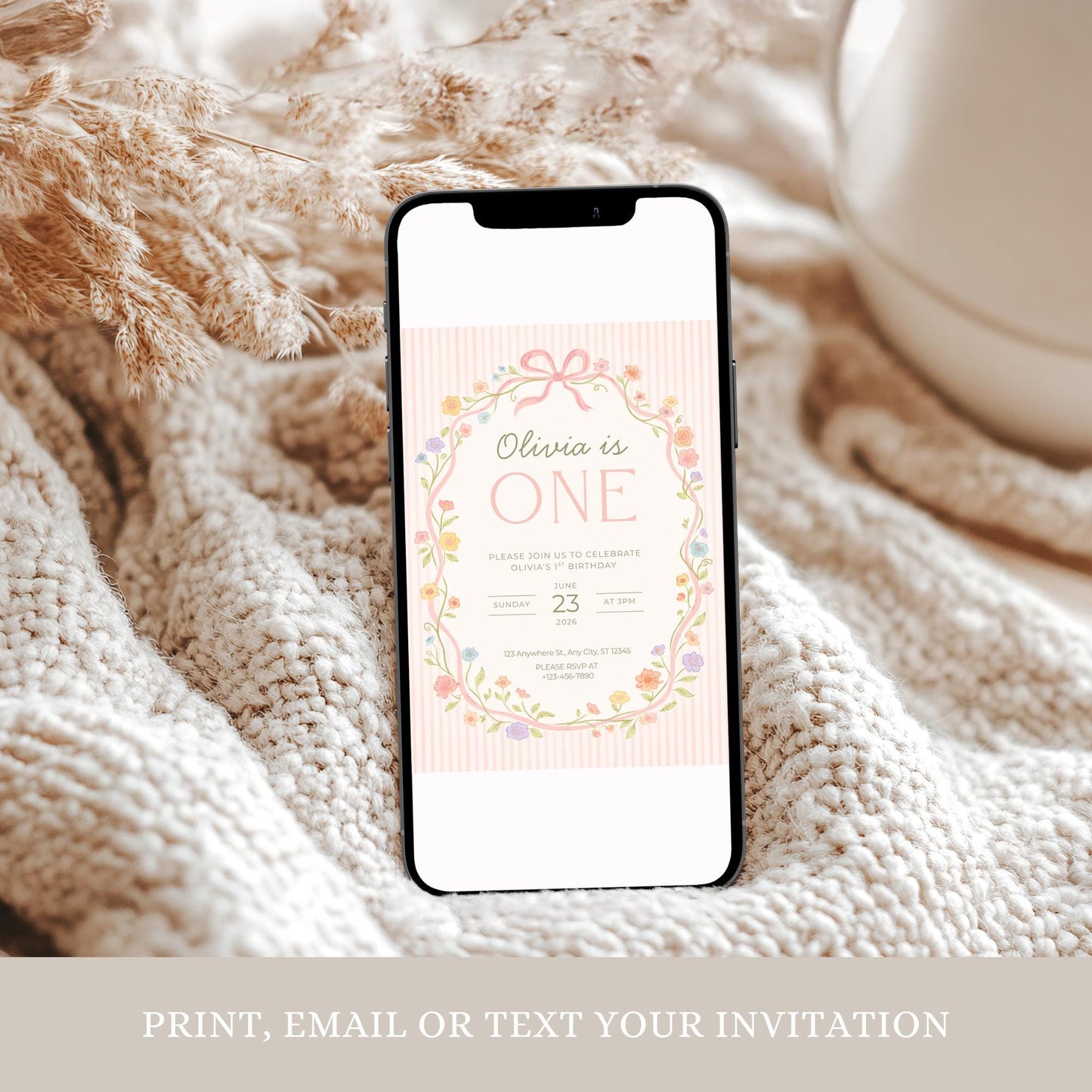 Pink Bow Floral Birthday Invite Girl First Birthday Garden 1st Birthday Decor Editable Invitation Hand drawn Coquette Party Evite