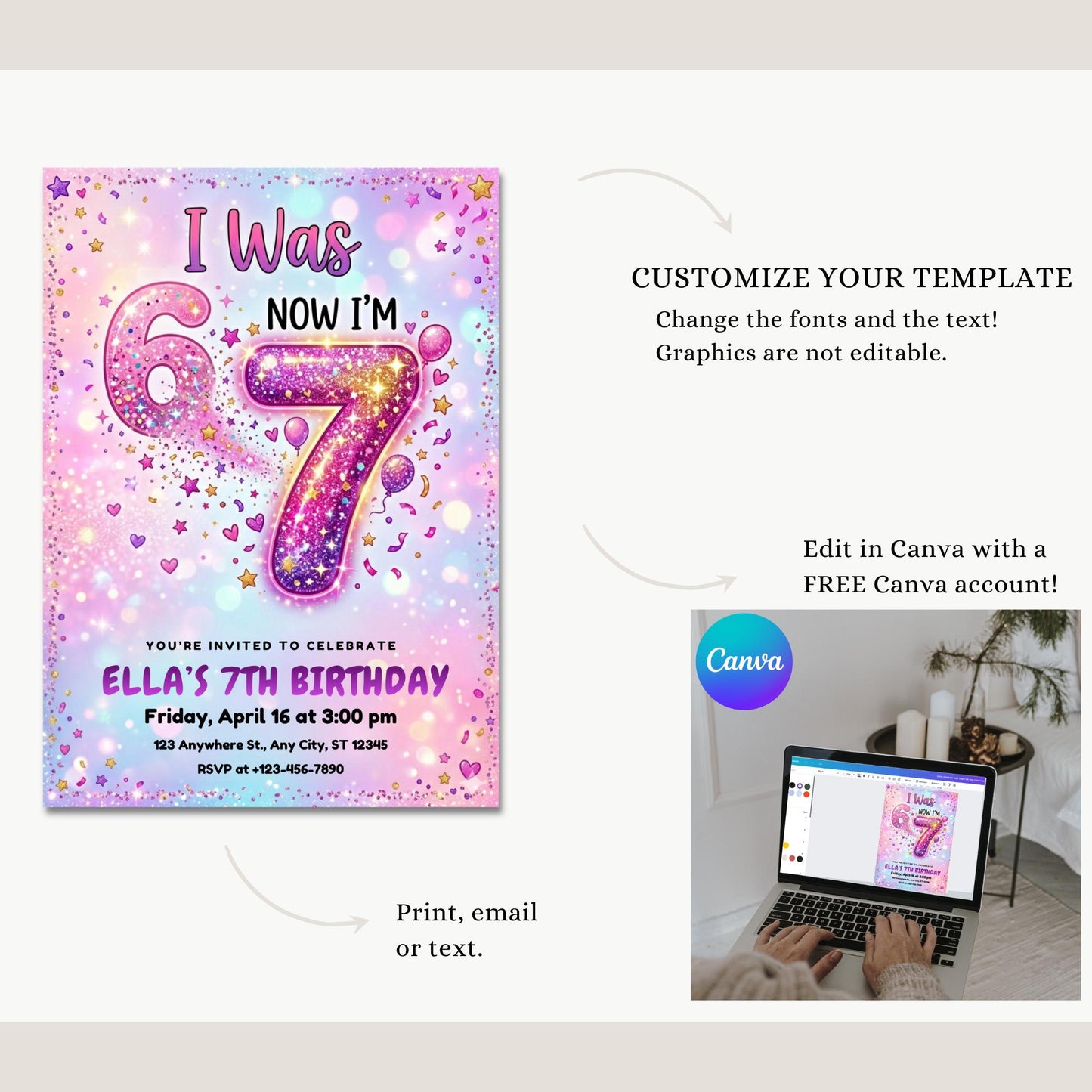 I Was 6 Now I'm 7 Birthday Invitation Rainbow glitter 6-7 7th Party Editable Invite Girl 7th Birthday Evite Meme Gen Alpha Birthday Download