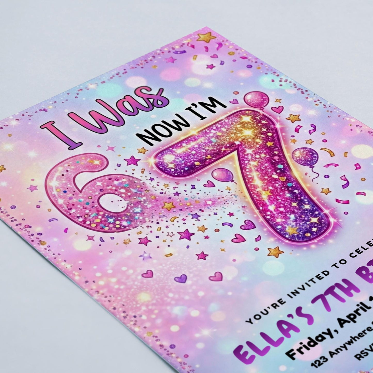 I Was 6 Now I'm 7 Birthday Invitation Rainbow glitter 6-7 7th Party Editable Invite Girl 7th Birthday Evite Meme Gen Alpha Birthday Download