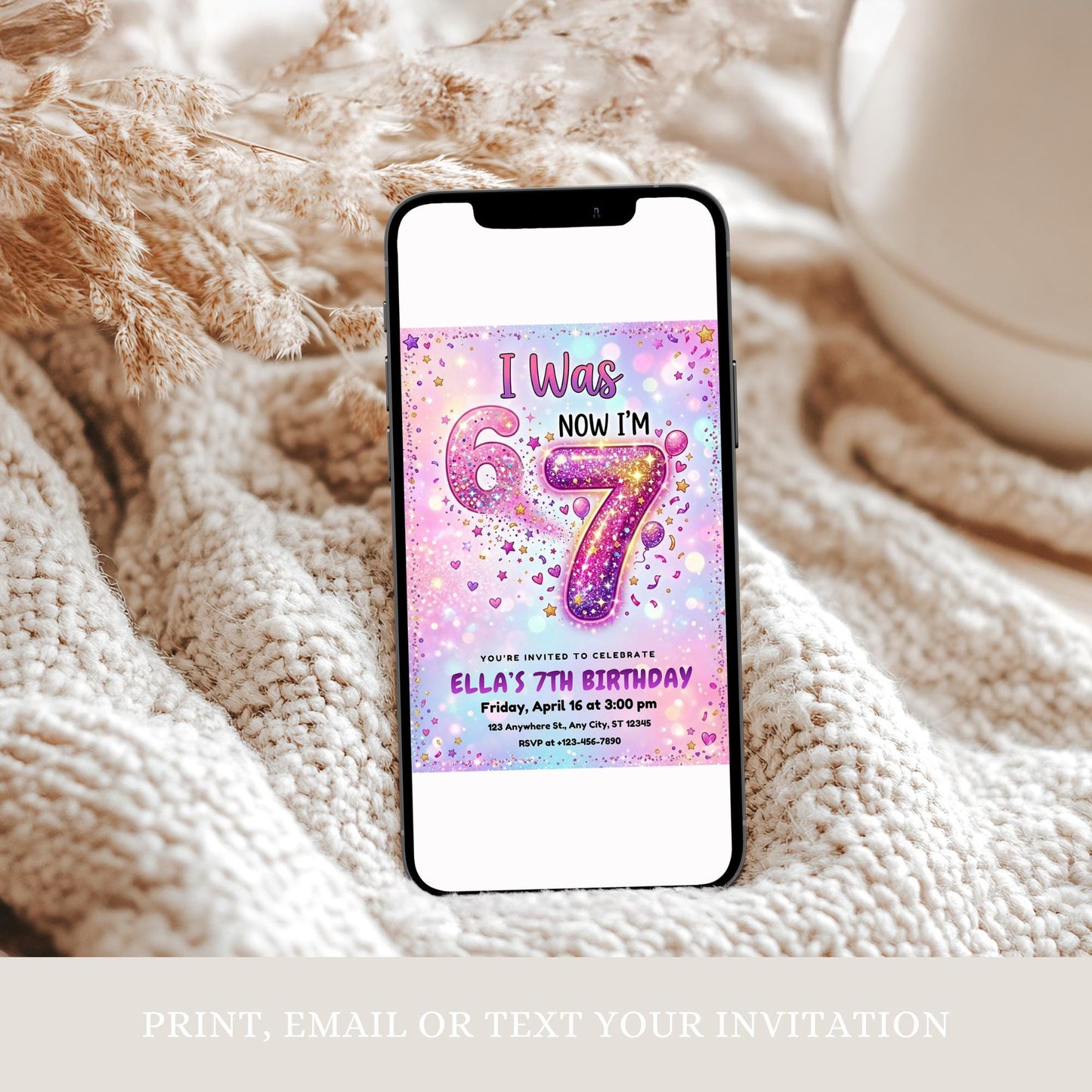 I Was 6 Now I'm 7 Birthday Invitation Rainbow glitter 6-7 7th Party Editable Invite Girl 7th Birthday Evite Meme Gen Alpha Birthday Download