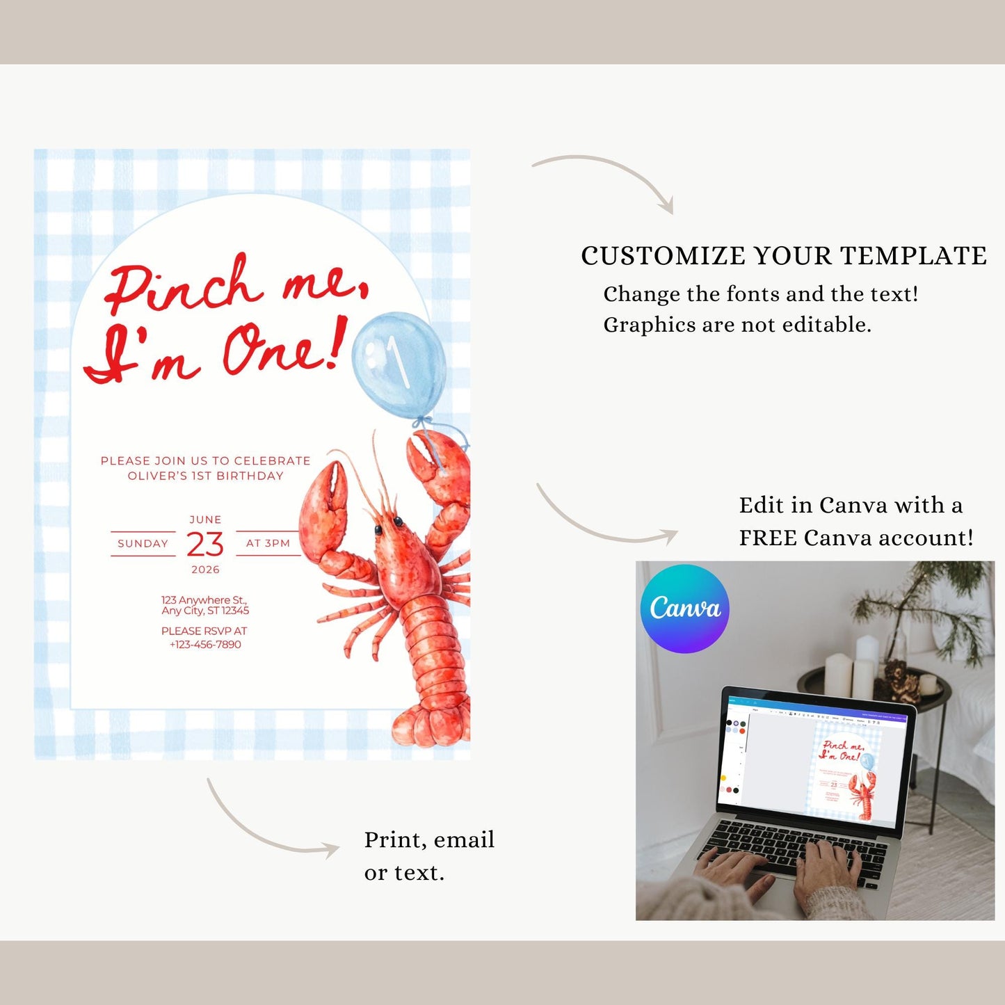 Pinch Me I'm One Boy Birthday Invitation Lobster Broil 1st Birthday Nautical Low Country Crawfish Boil Summer First Bday Blue Gingham