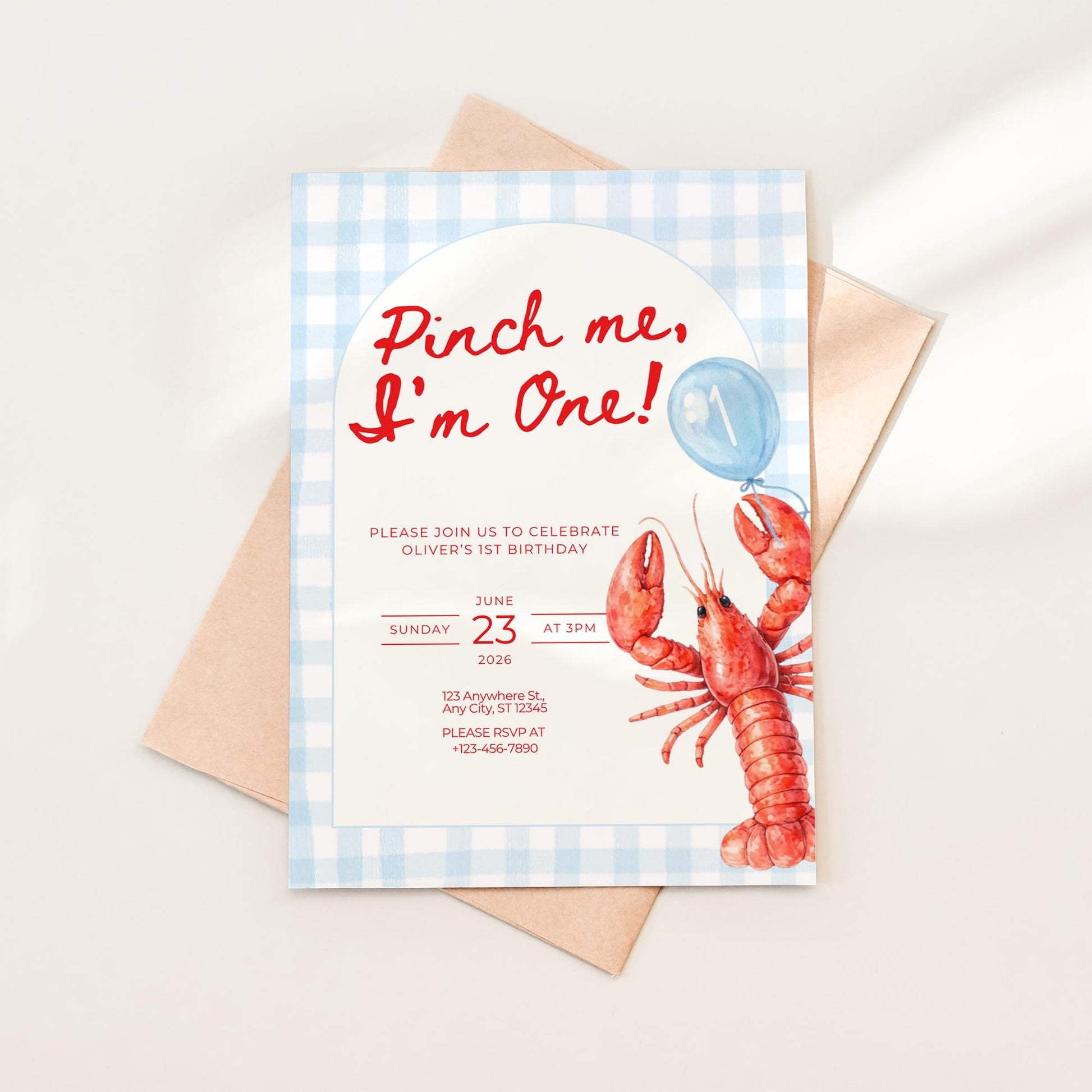 Pinch Me I'm One Boy Birthday Invitation Lobster Broil 1st Birthday Nautical Low Country Crawfish Boil Summer First Bday Blue Gingham
