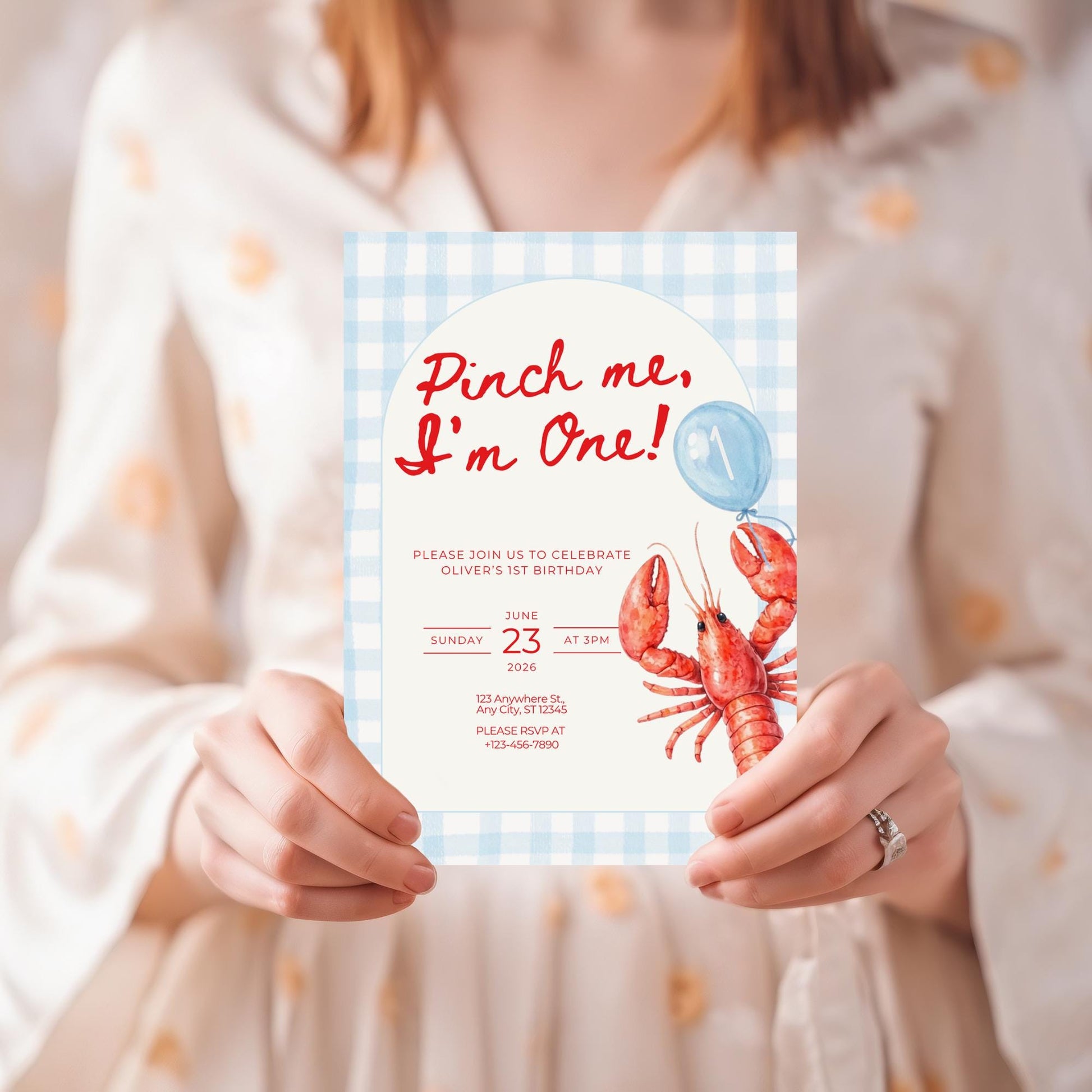 Pinch Me I'm One Boy Birthday Invitation Lobster Broil 1st Birthday Nautical Low Country Crawfish Boil Summer First Bday Blue Gingham