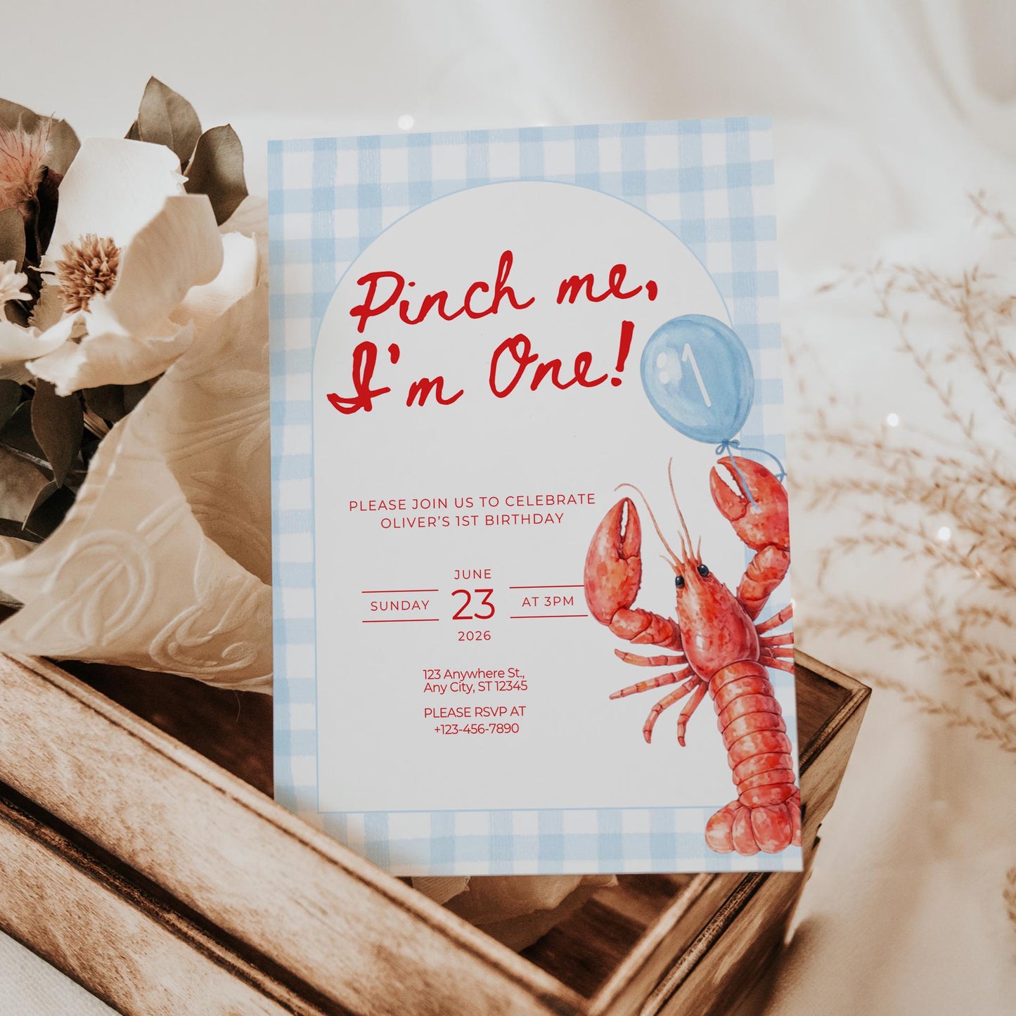 Pinch Me I'm One Boy Birthday Invitation Lobster Broil 1st Birthday Nautical Low Country Crawfish Boil Summer First Bday Blue Gingham