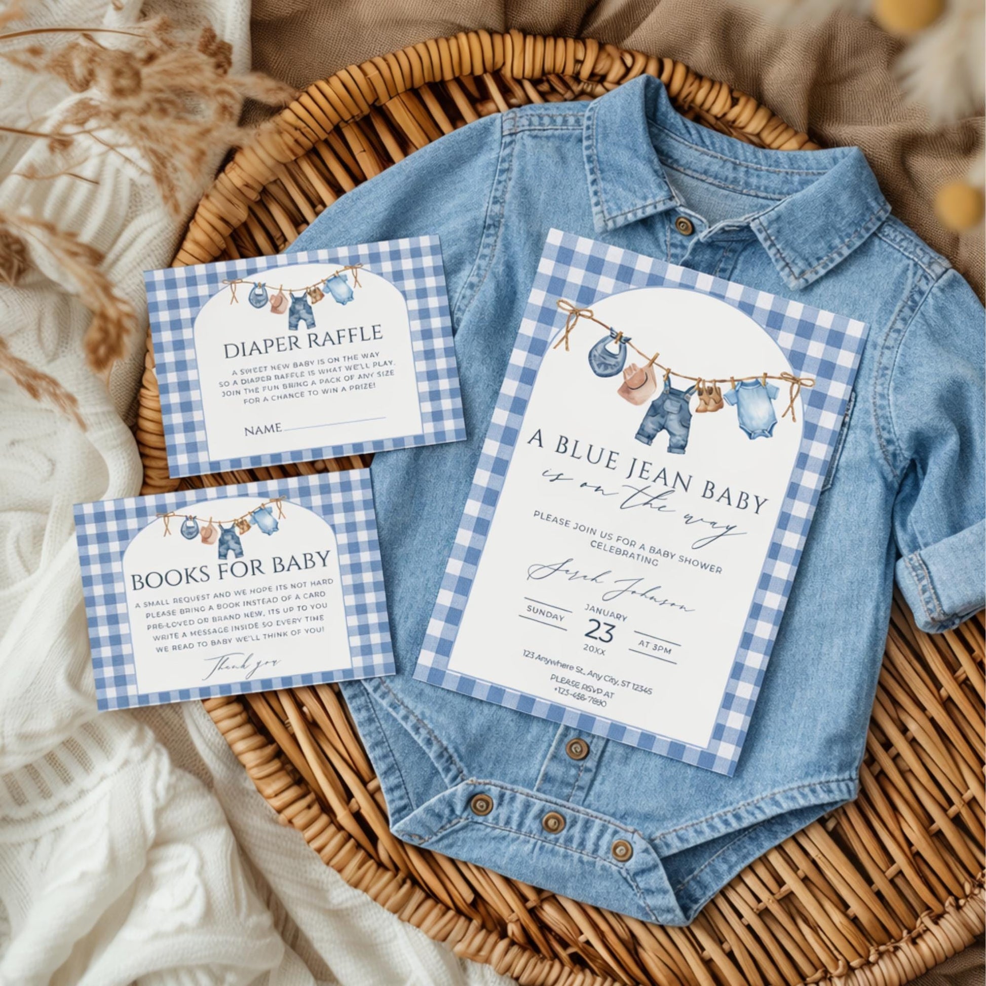 Blue Jean Baby Shower Bundle Denim Baby Shower Invite Cowboy themed Baby Sprinkle Western Baby Shower Decor Baby Blue Jean Baby on the Way