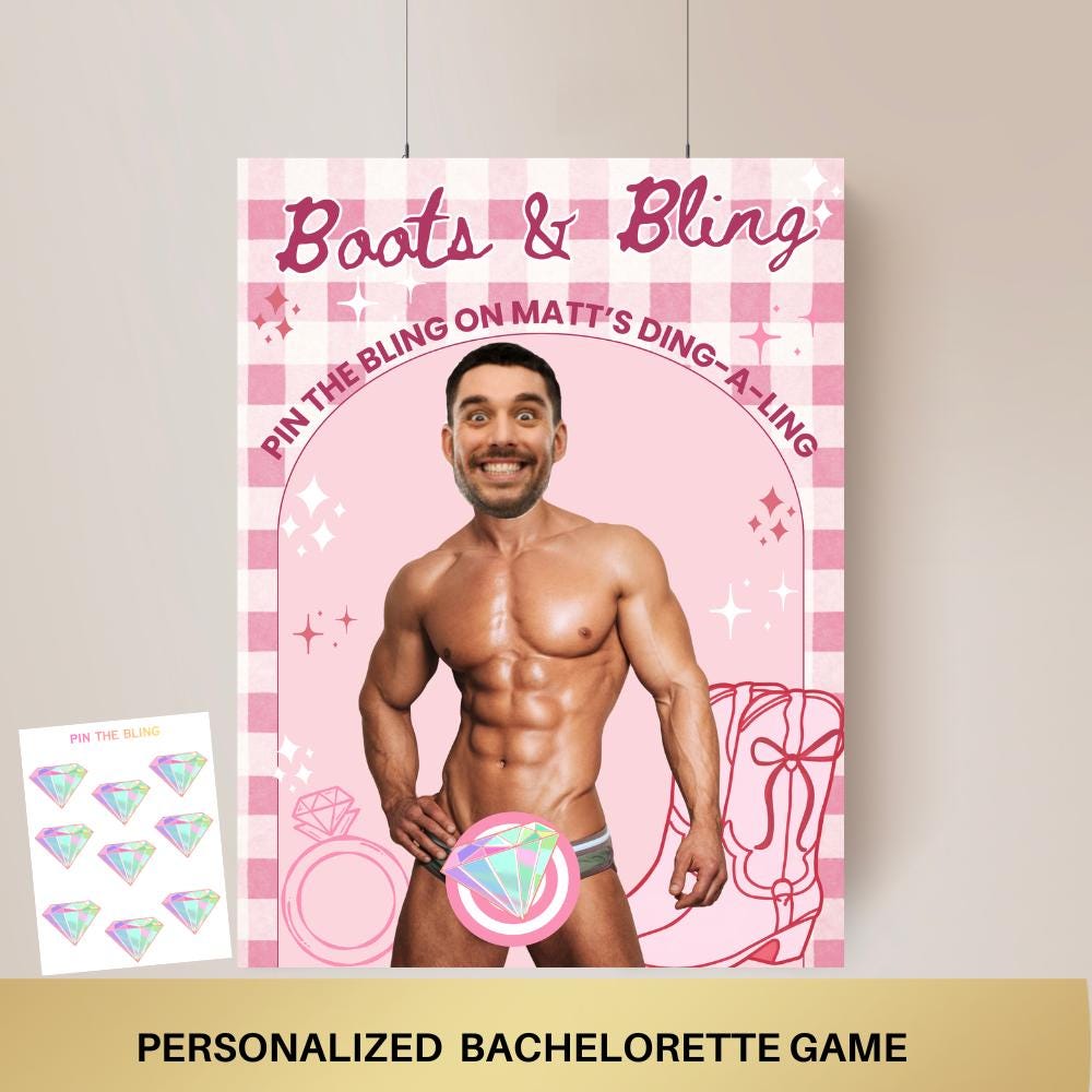Boots and Bling Bachelorette Party Game Cowgirl Western Bridal Shower personalized decor sign Pin the Junk Editable Games Groom Face Decor