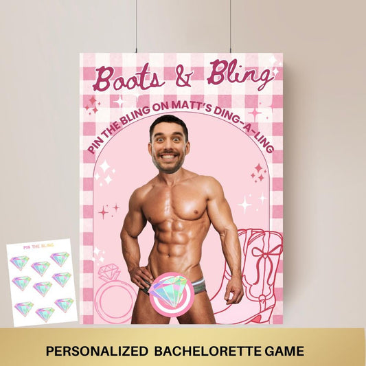 Boots and Bling Bachelorette Party Game Cowgirl Western Bridal Shower personalized decor sign Pin the Junk Editable Games Groom Face Decor