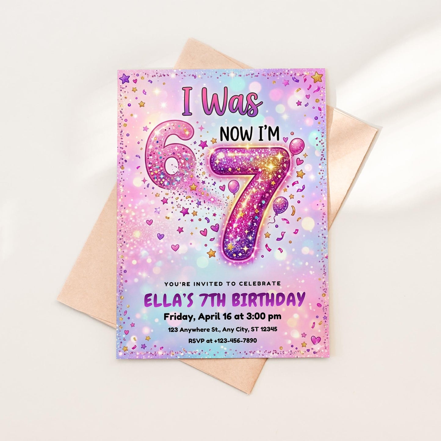 I Was 6 Now I'm 7 Birthday Invitation Rainbow glitter 6-7 7th Party Editable Invite Girl 7th Birthday Evite Meme Gen Alpha Birthday Download