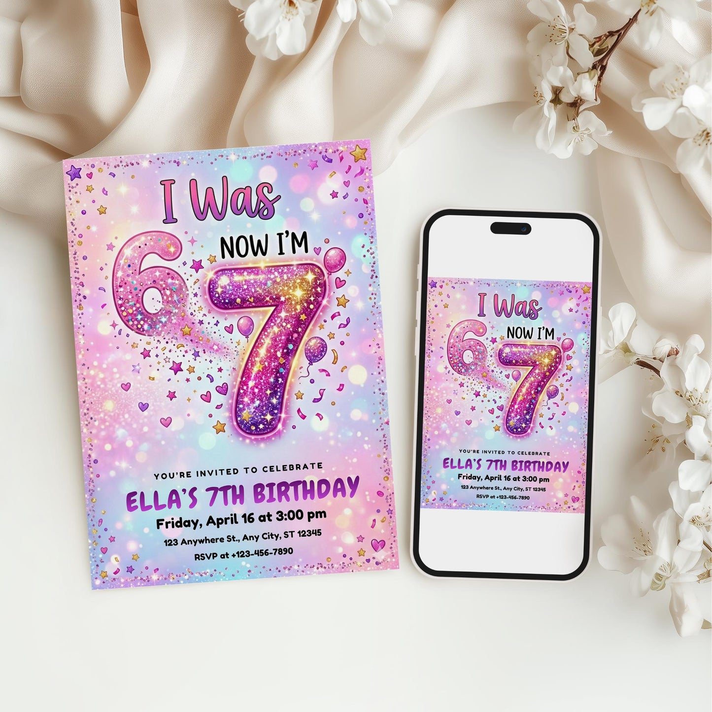 I Was 6 Now I'm 7 Birthday Invitation Rainbow glitter 6-7 7th Party Editable Invite Girl 7th Birthday Evite Meme Gen Alpha Birthday Download